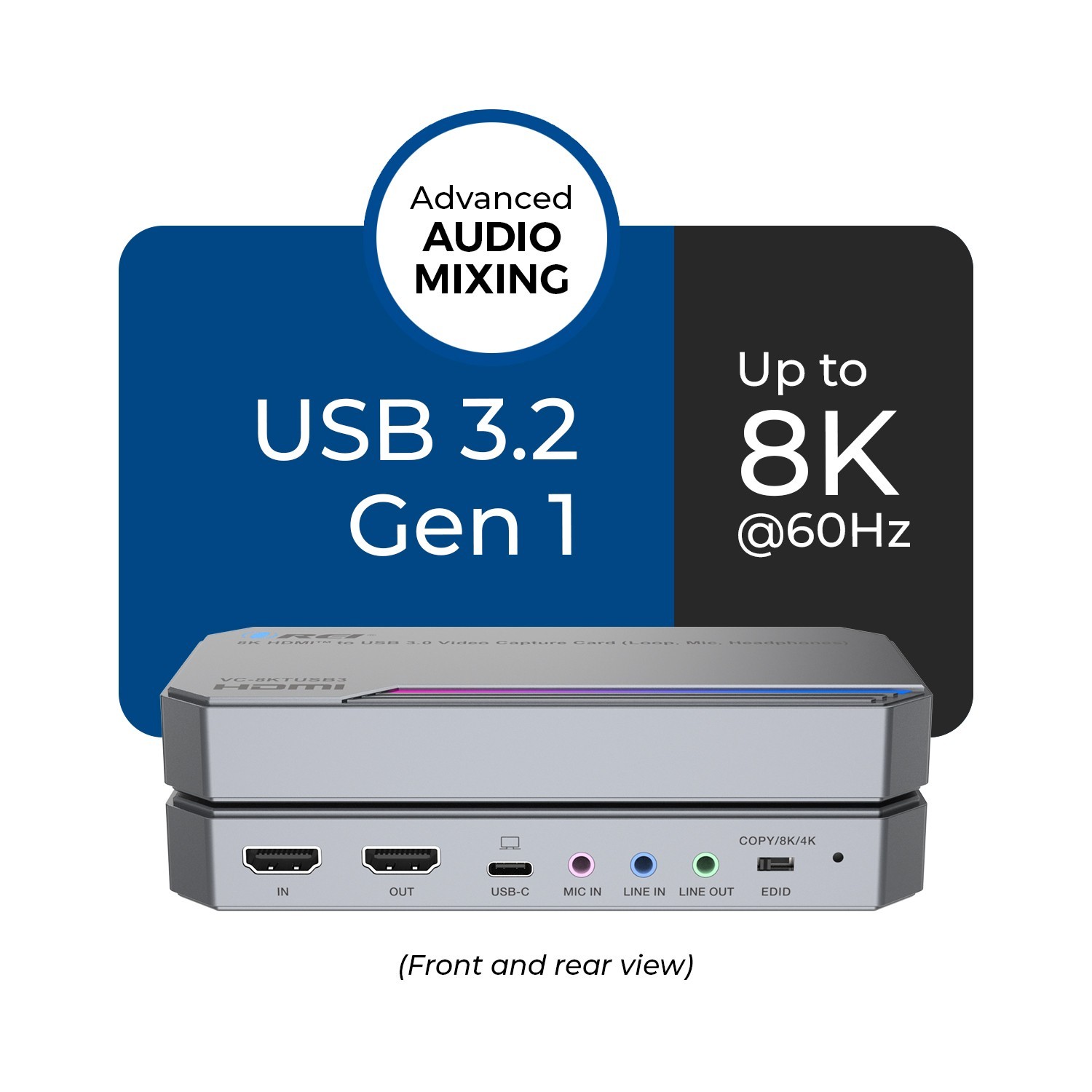 OREI 8K HDMI™ to USB 3.0 Video Capture Card Loop, Mic, Headphones (VC-8KTUSB3)