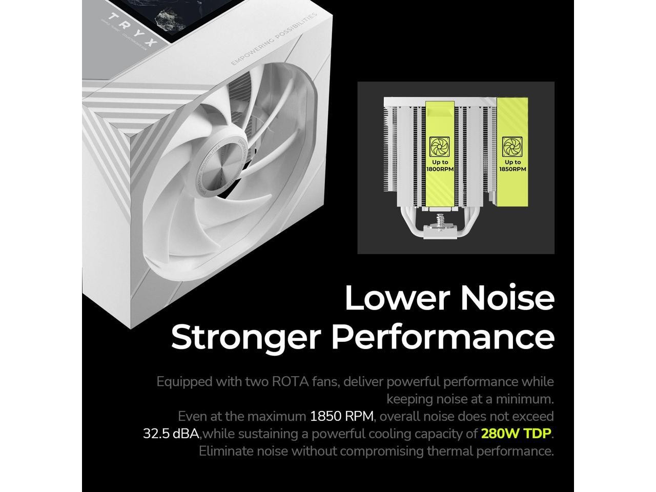TRYX TURRIS 620 CPU Air Cooler White 5.0″ IPS Customizable Screen 280w TDP Reflo