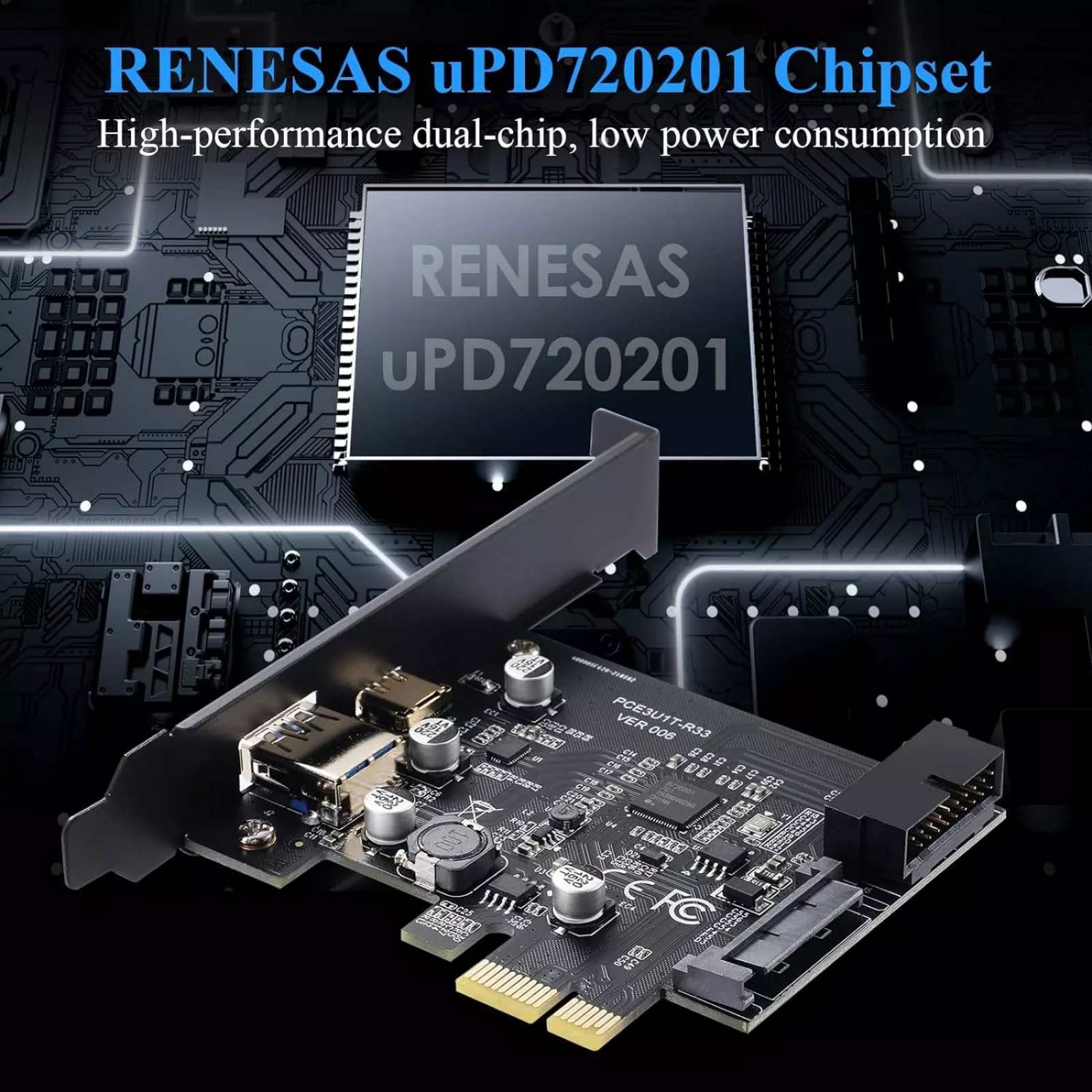 PCI-E 1X to USB3.2 Gen1 5Gbps 2 Ports(Type C+ Type A) Expansion Card With 19PIN