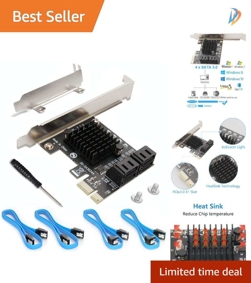 Versatile SATA Expansion Card: 4 Ports, PCIE 3.0, Compatible with Windows/Linux