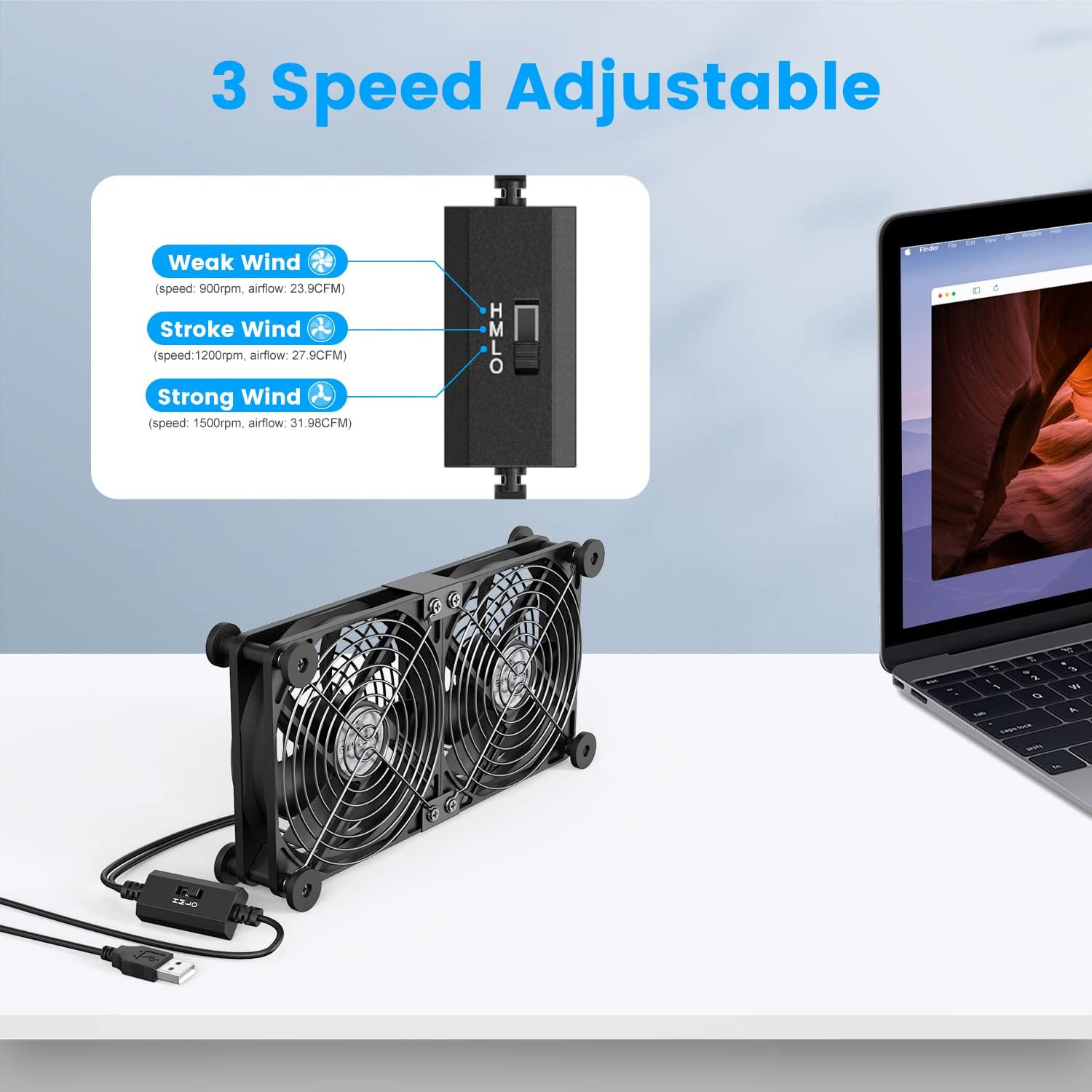 Dual USB Computer Cooling Fan High Speed 120Mm Fan Adjustable 5V USB