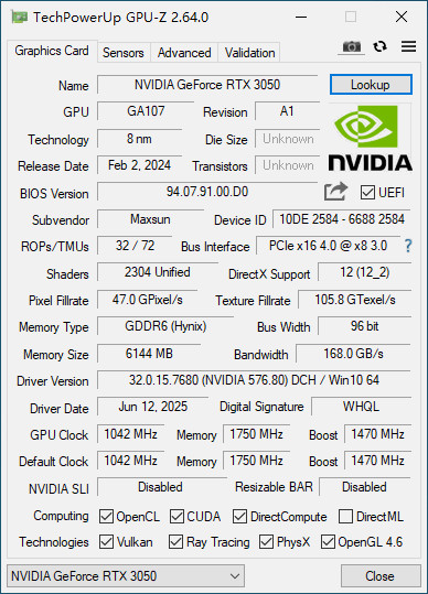 SRhonyra RTX 3050 6GB GDDR6 Low Profile Graphics Card 96-Bit Dual HDMI Display