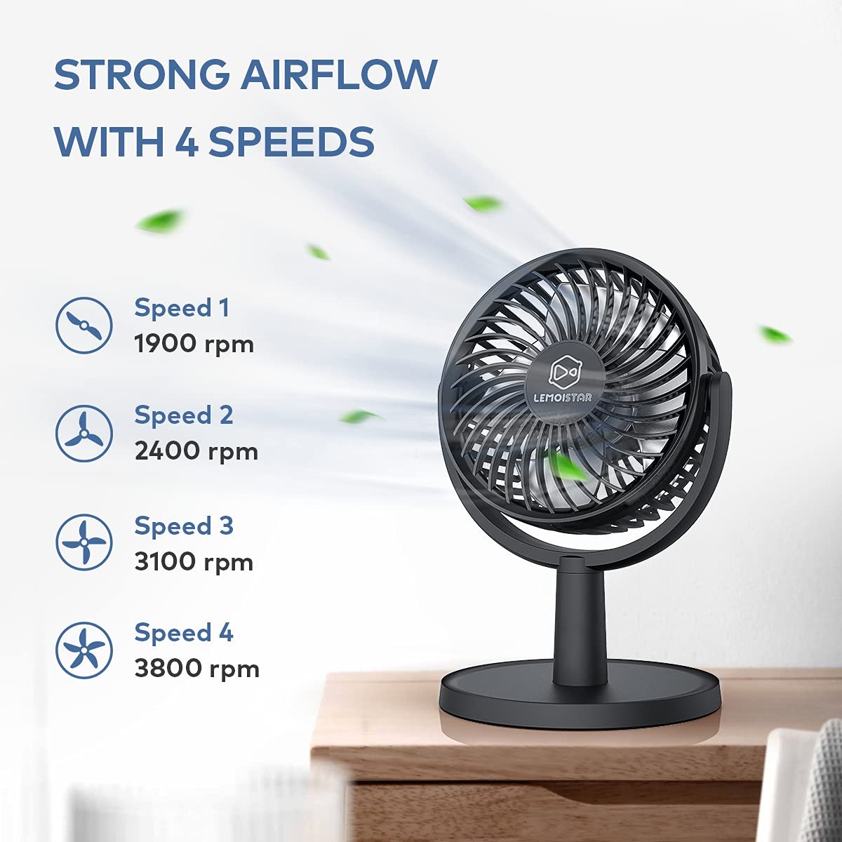 Mini Desk Fan, USB Powered Desktop Fan with 4 Speeds, Small but Black