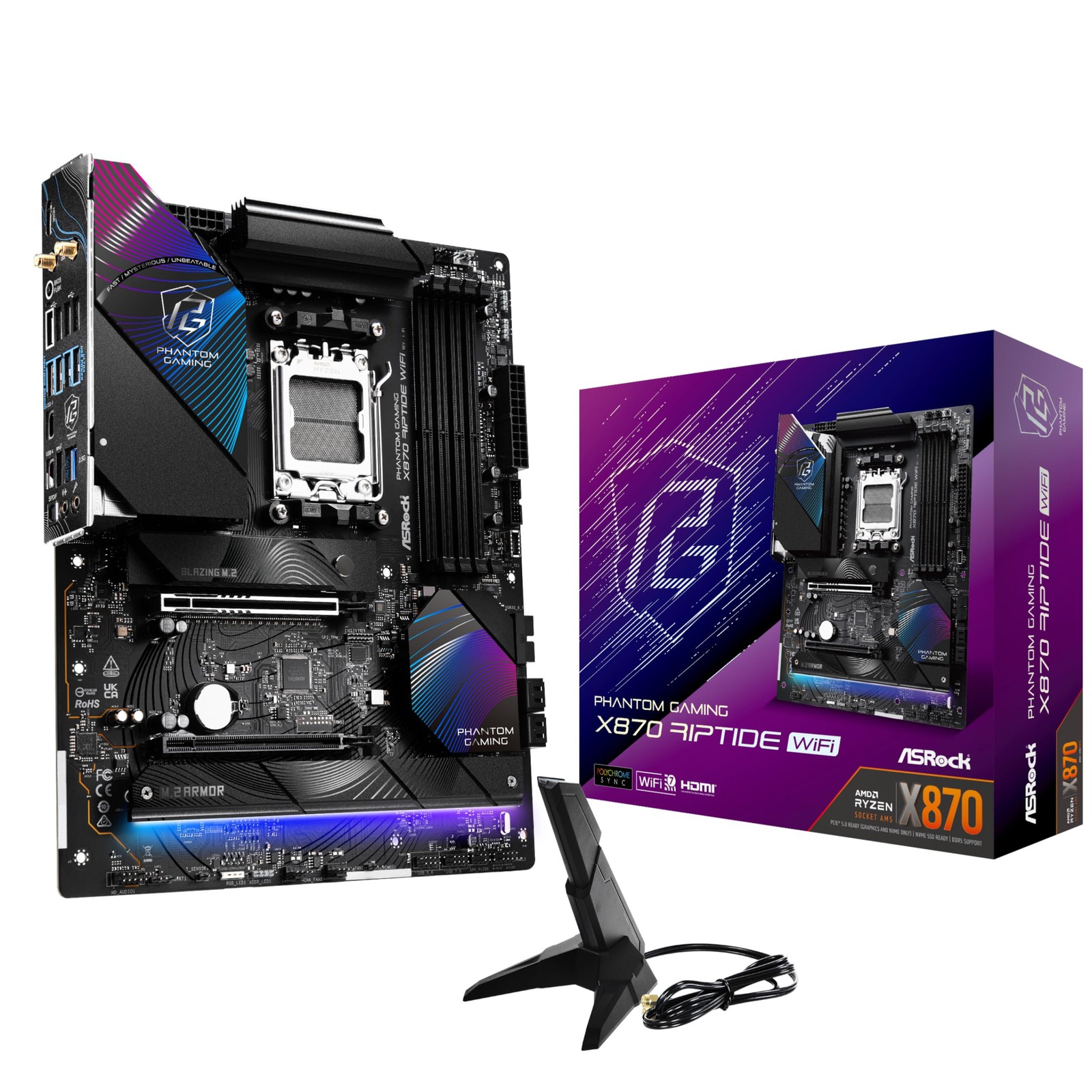 ASRock Phantom Gaming X870 Riptide WiFi 7 AMD Ryzen Socket ATX, Multicolor