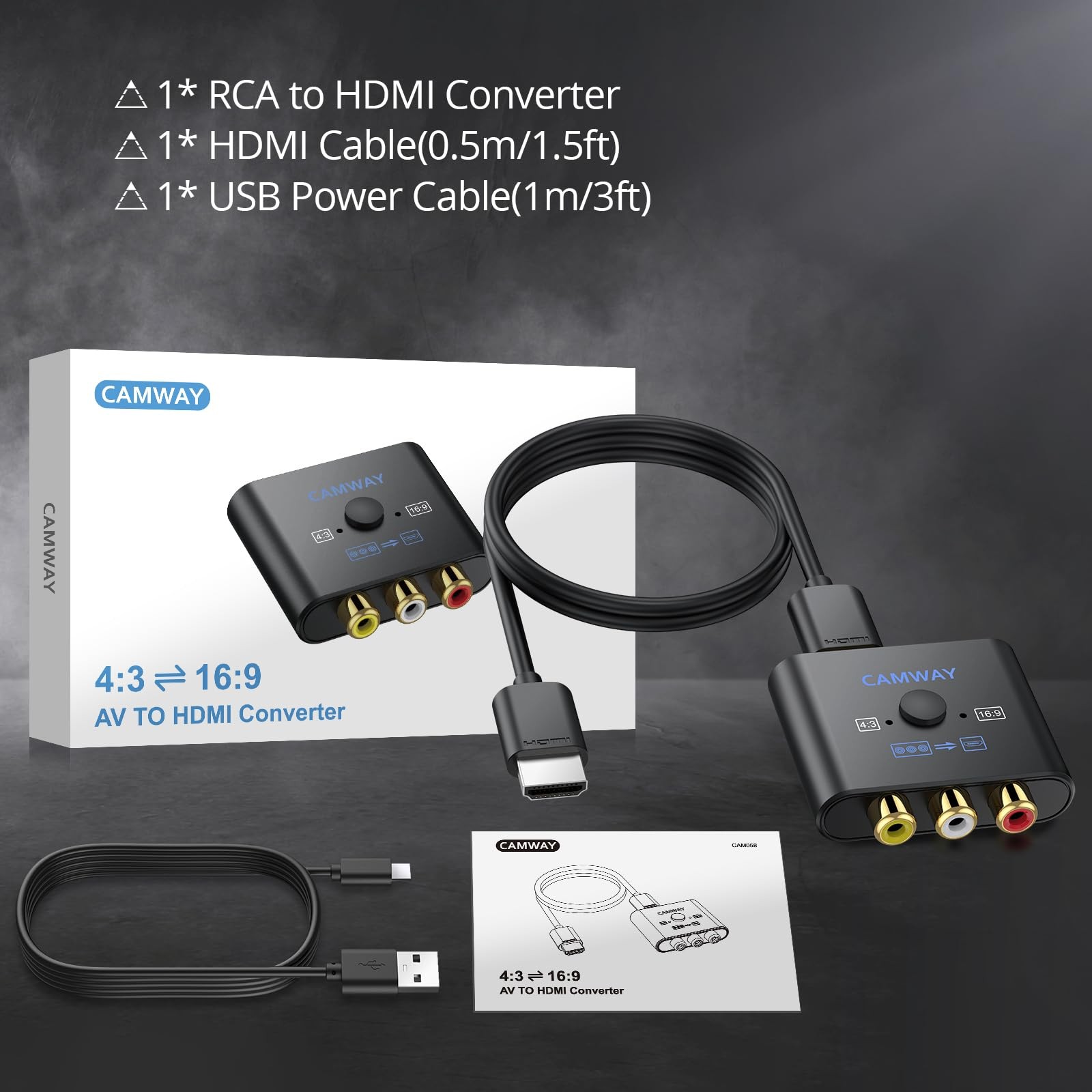 CAMWAY RCA to HDMI Converter – 16:9/4:3 Conversion 1080P AV Black