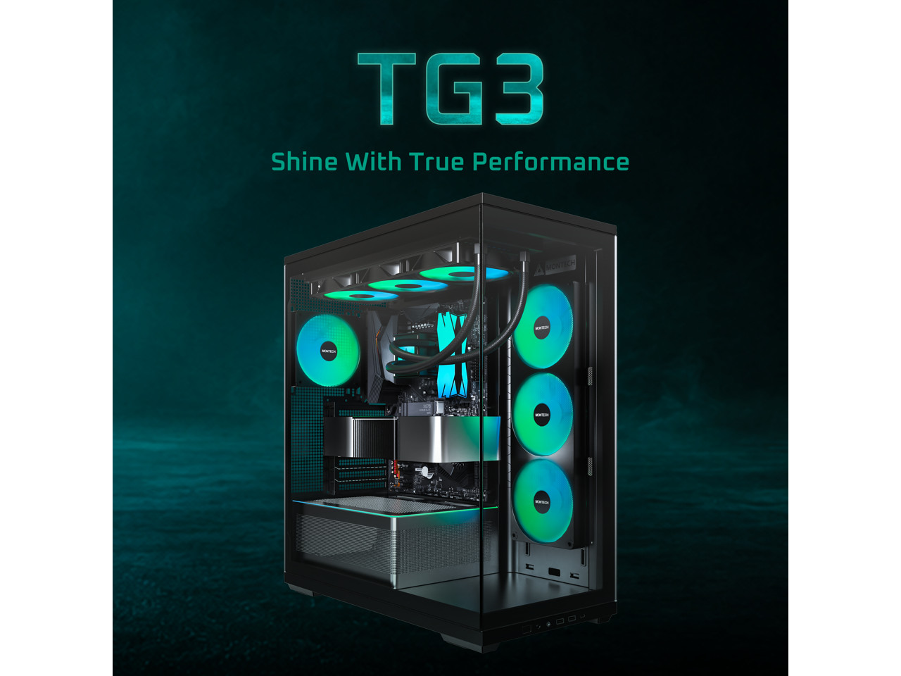 MONTECH TG3 Panoramic ATX Mid-Tower PC Case, Pre-Installed 360mm ARGB Unibody Fa