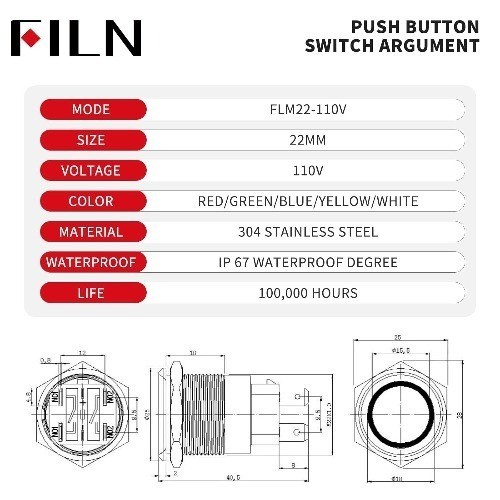 Blue LED Latching Pushbutton Switch 20 Amp 22mm High Current 110V Color: Blue