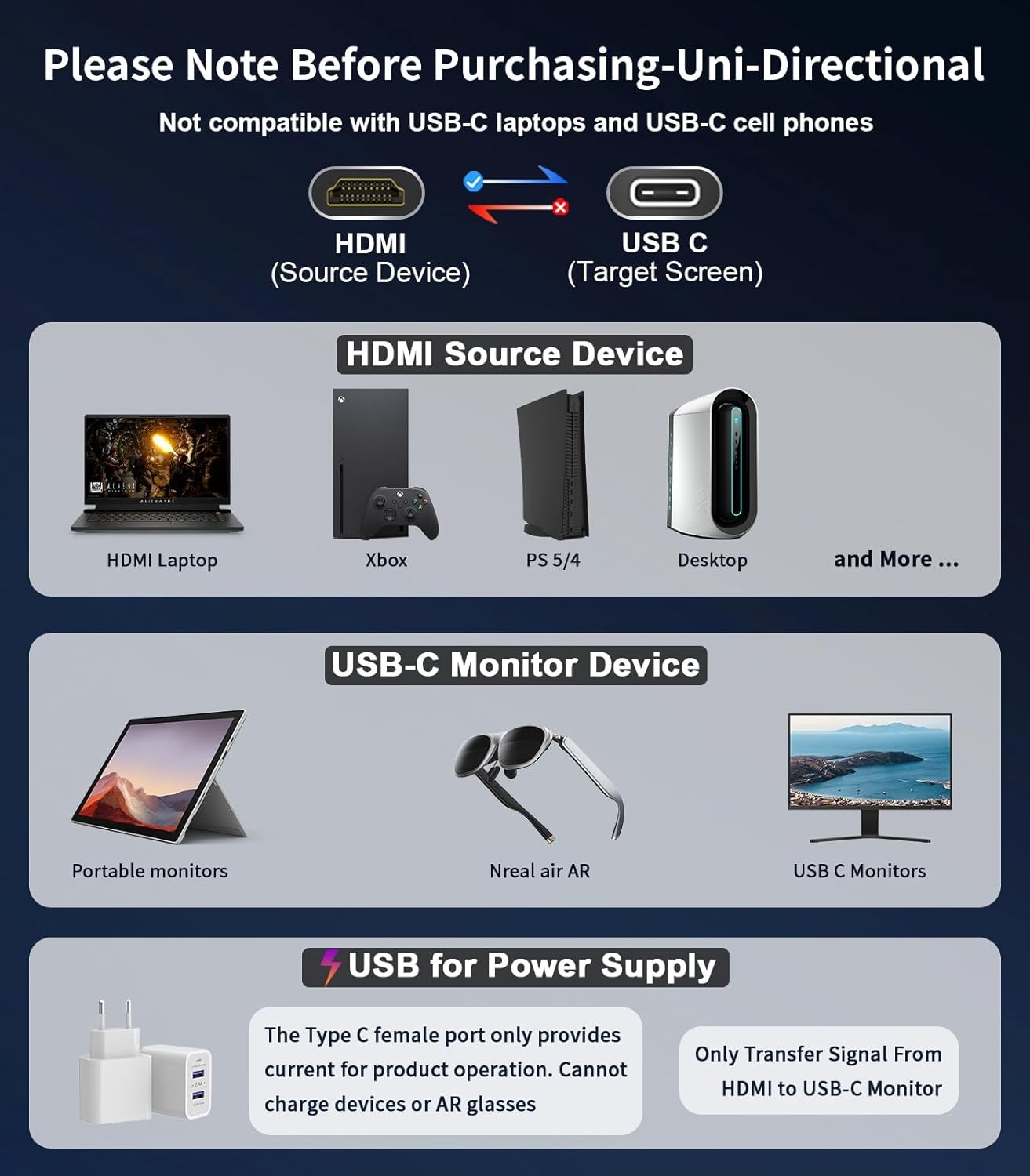 HDMI to USB C Adapter 4K60Hz, Unidirectional Male C Female Grey