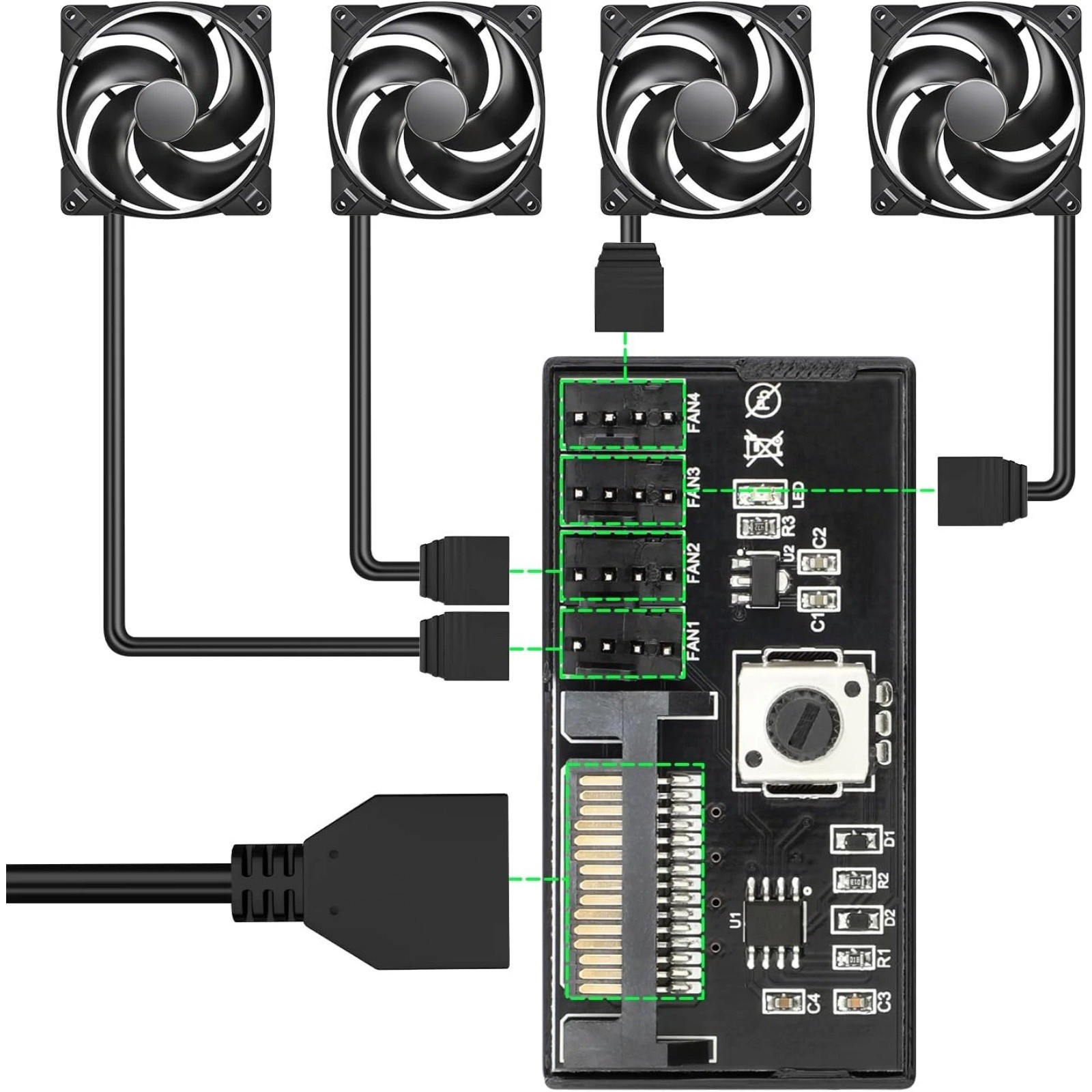 PC Case Fan Controller Hub 4 Pin PWM SATA Powered 12V 60W Adjustable Speed Knob