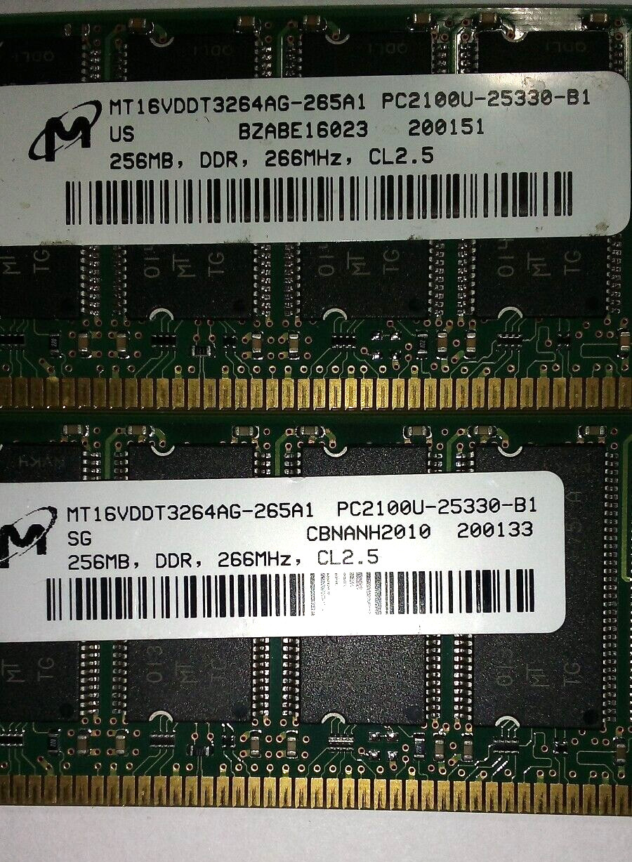 2 Used Working Pulls Micron 256mb PC2100 DDR 266 CL2.5 Memory Matching Set