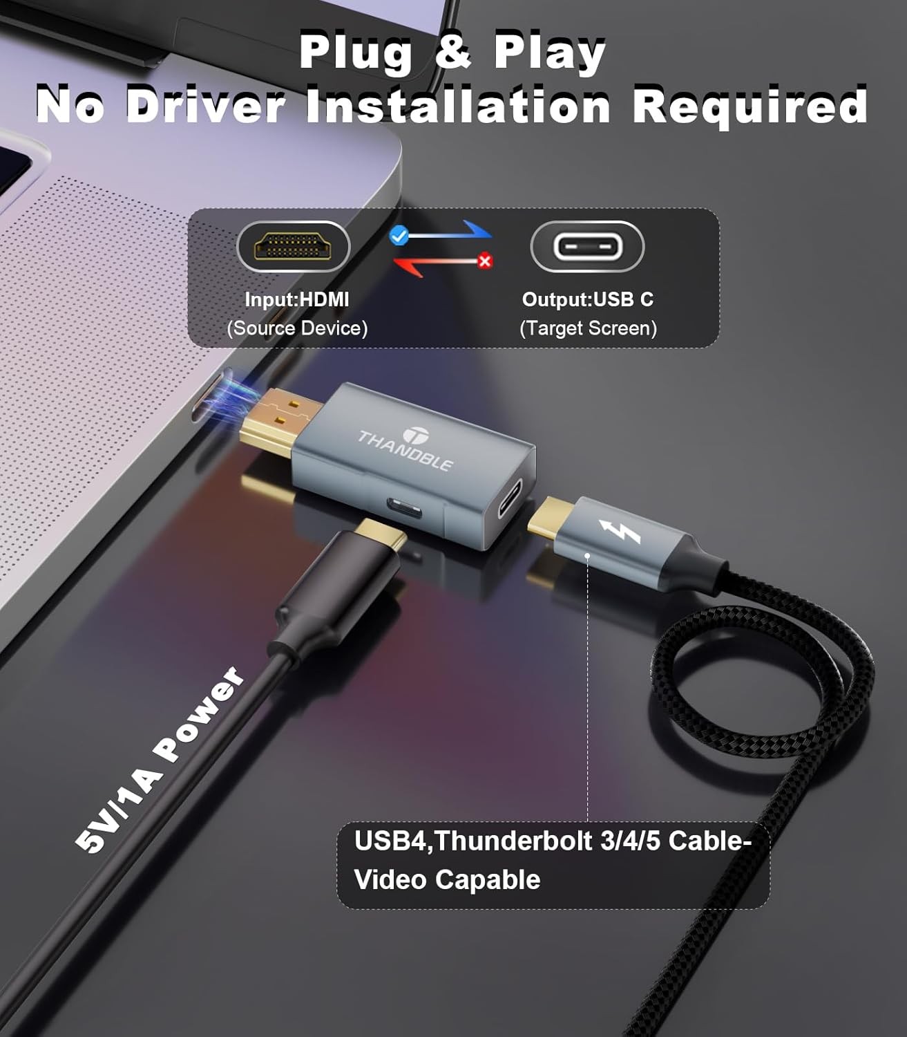 HDMI to USB C Adapter 4K60Hz, Unidirectional Male C Female Grey
