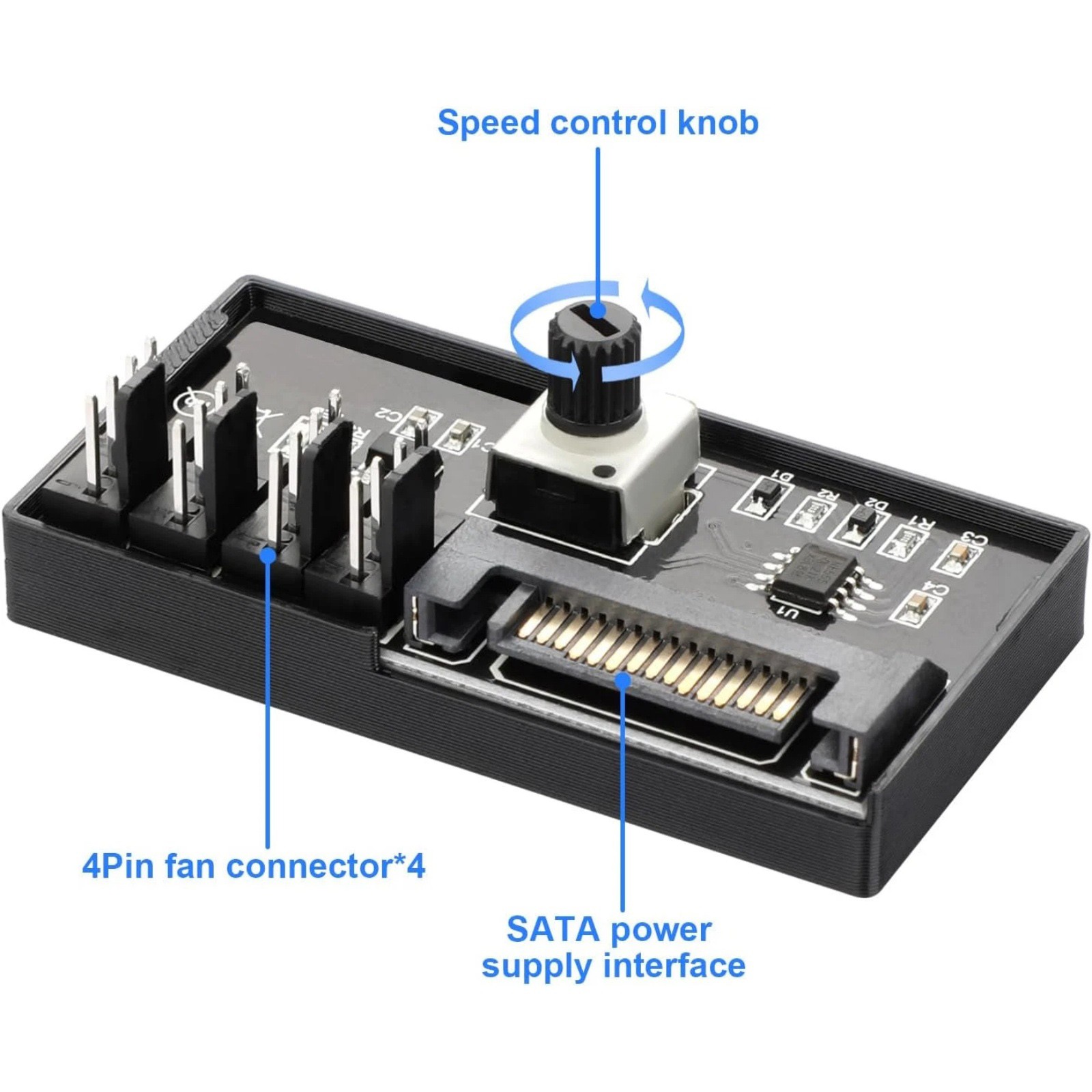PC Case Fan Controller Hub 4 Pin PWM SATA Powered 12V 60W Adjustable Speed Knob