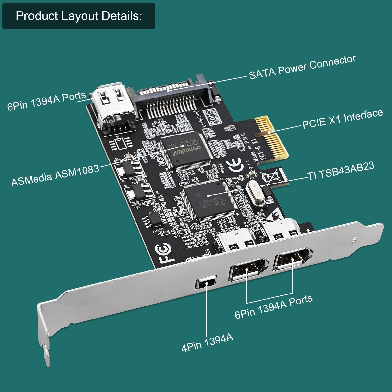 4-Port PCIe Firewire 400 Card, 1394A Interface for Windows & Mac, Cables Include