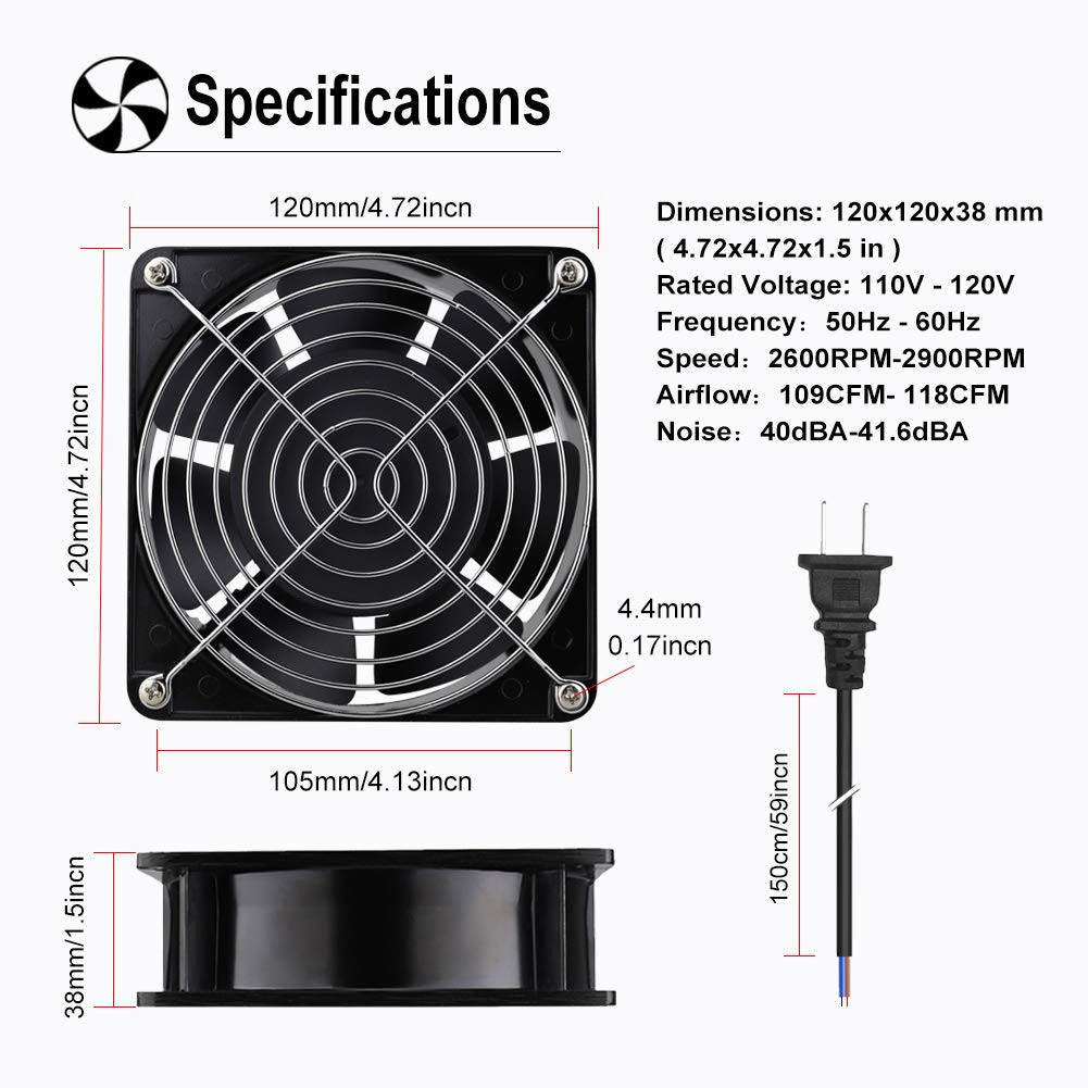 AC 12038 120Mm X 38Mm 110V 120V Dual Ball Metal Cooling Axial Fan High Airflow