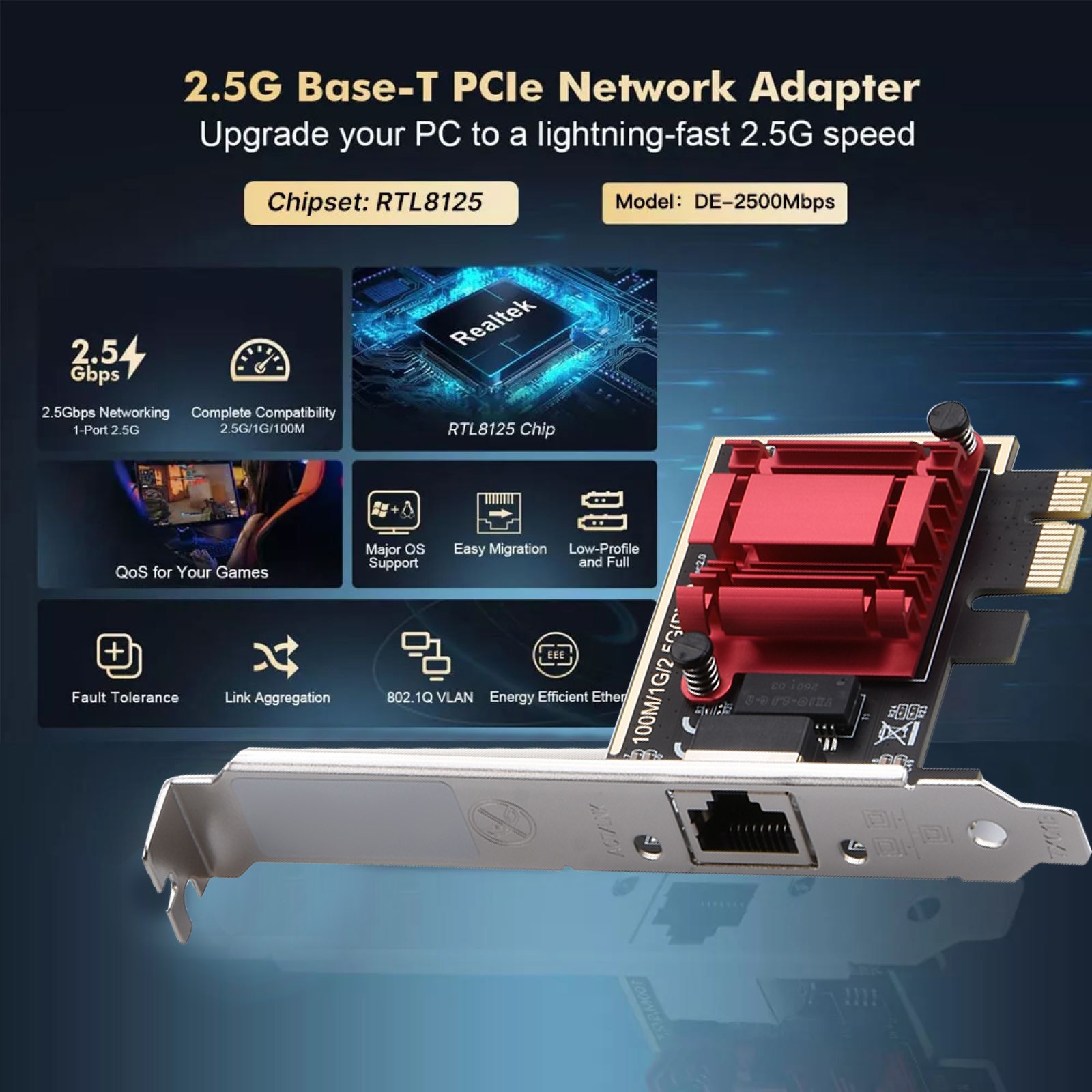 2.5Gbps Network Card RTL8125 Clip RJ45 Port PCI-E Network Card For PC Win10/11