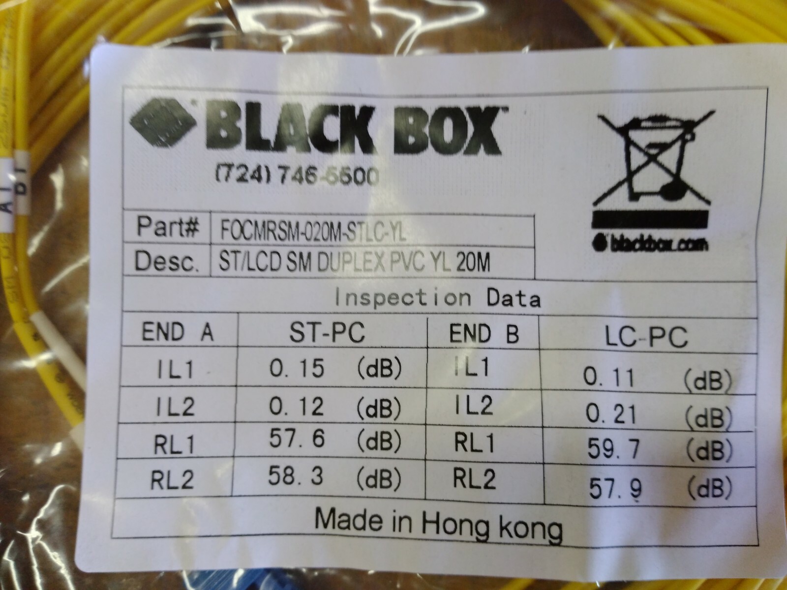 Black Box FOCMRSM-020M-STLC-YL 20M Single-Mode ST-LC Fiber Optic Cable Yellow