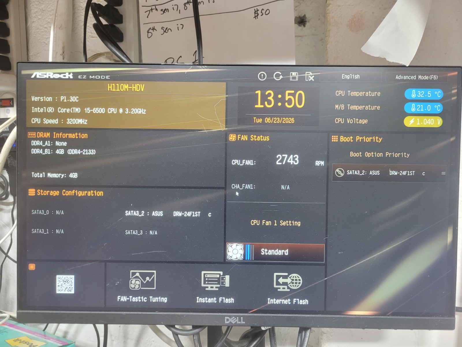 ASRock H110M-HDV Motherboard I5-6500 4GB RAM, IO Shield #1644