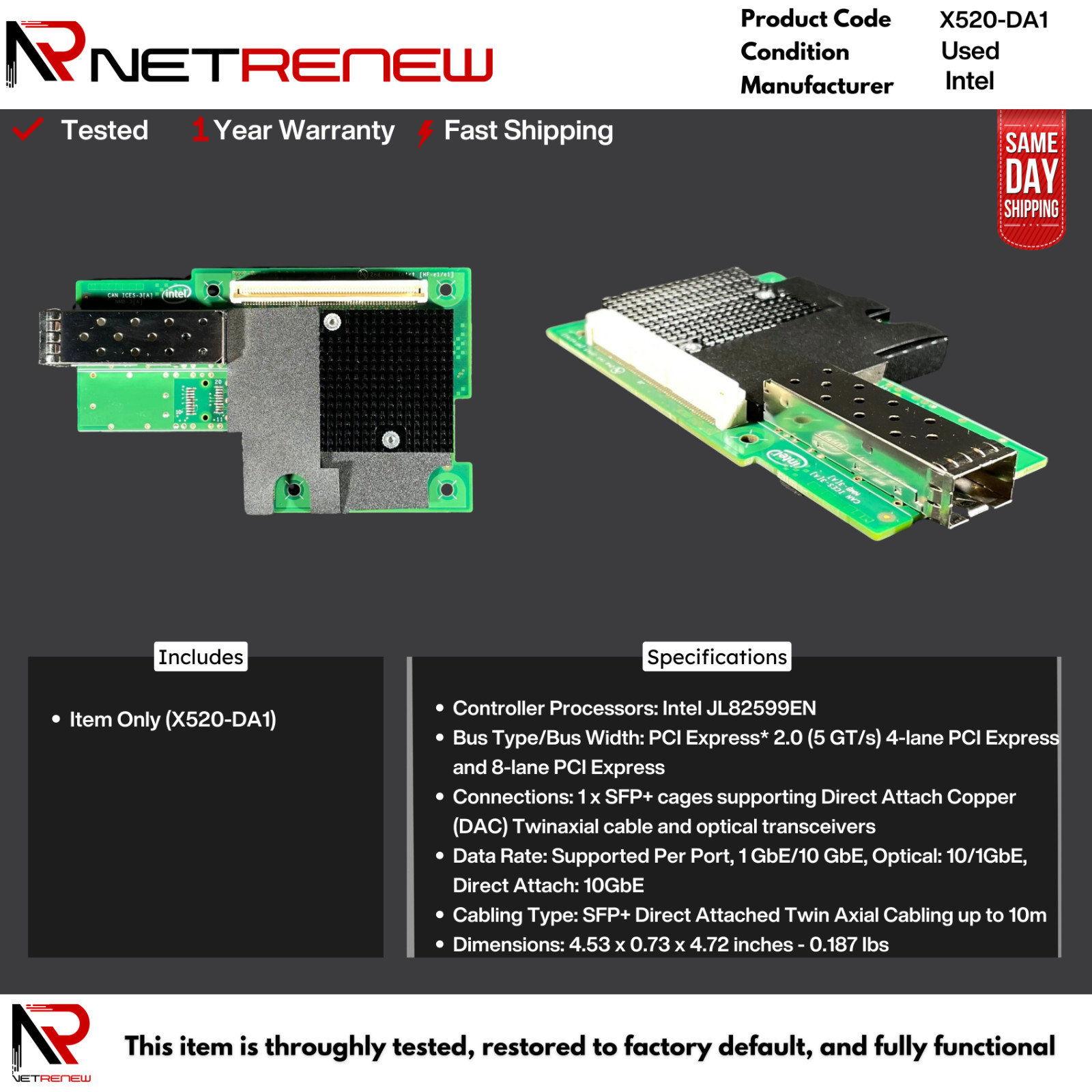 Intel X520-DA1 10GbE SFP+ PCIe Single Port Low Profile Server Interface Card