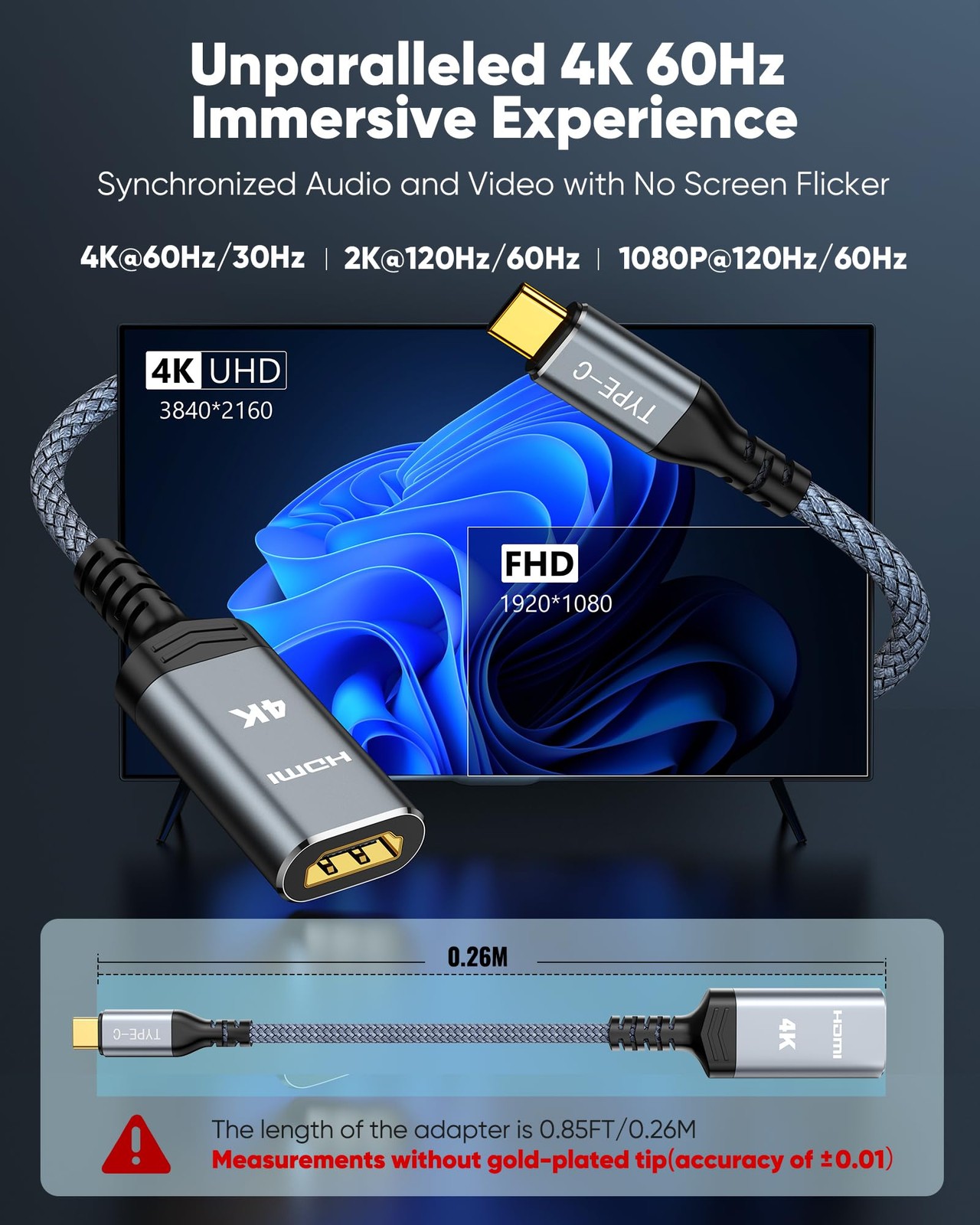 Highwings USB C to HDMI Adapter (4K@60Hz), Type C Cable Grey