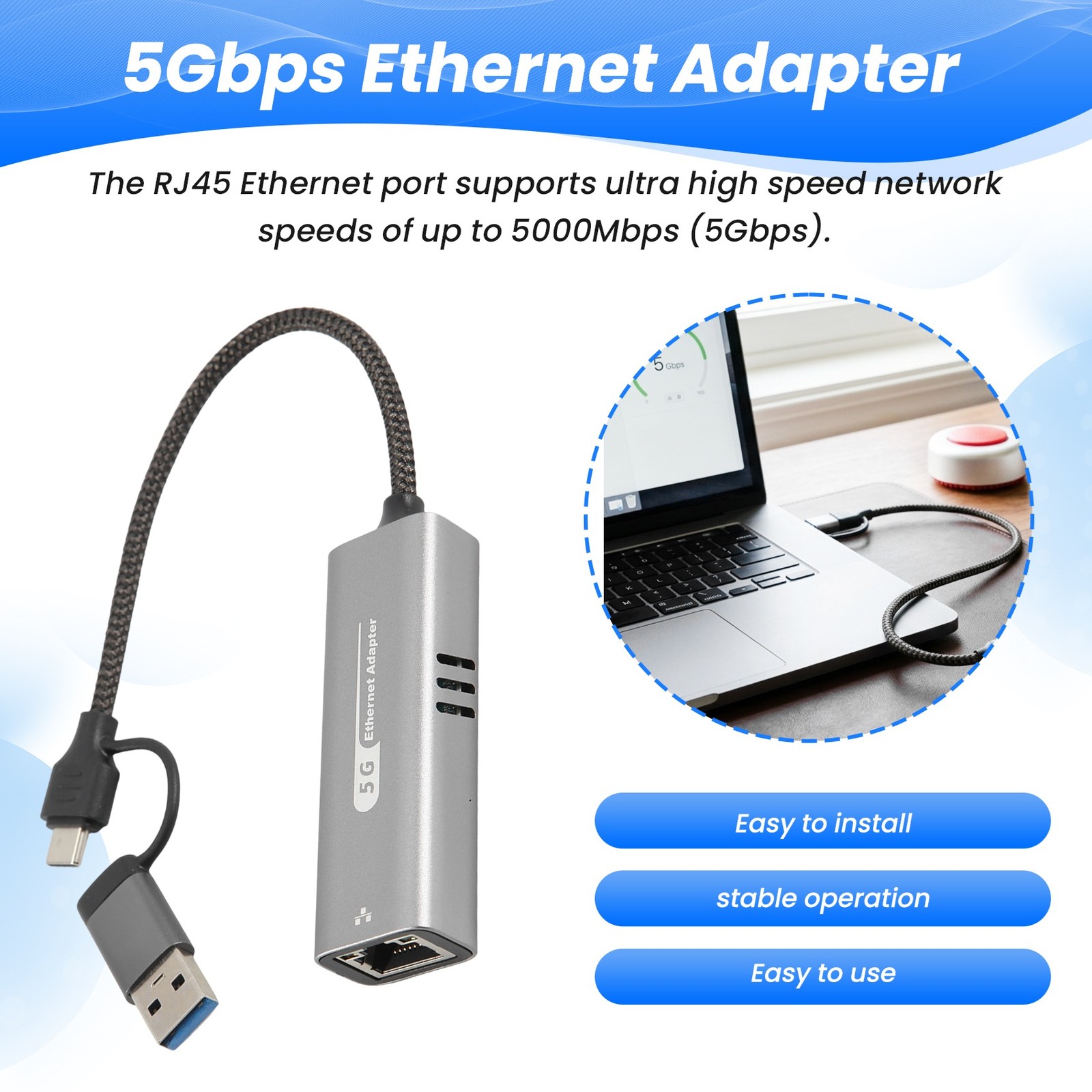 USB 3.2 to 5Gbps Ethernet Adapter RTL8157 5000Mbps RJ45 Converter for1874