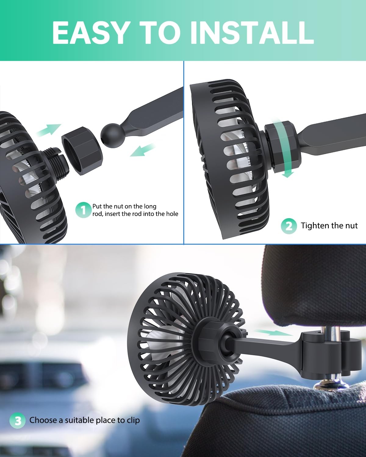 TriPole Car Fan for Rear Seat USB Powered Powerful 3 Speed 5V with Black
