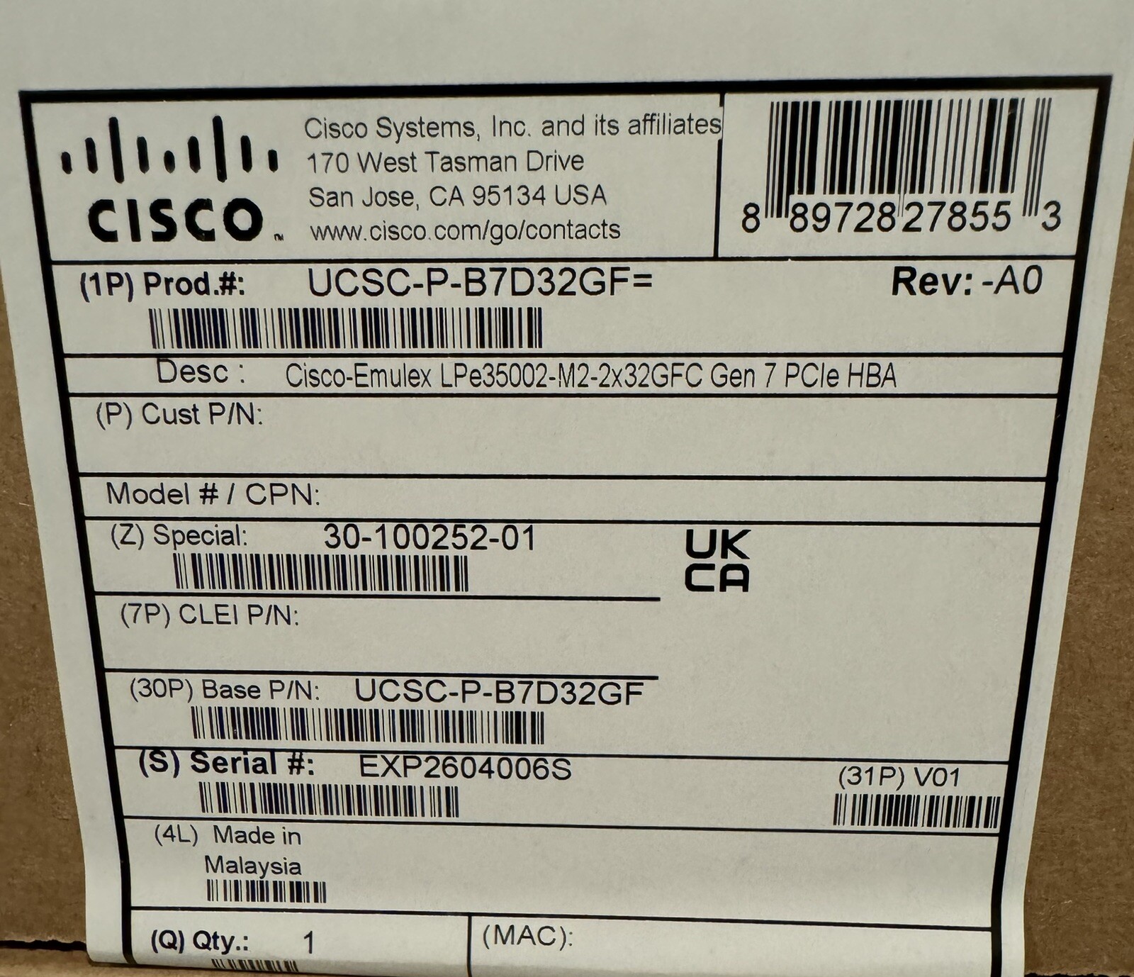 BrandNew Cisco Emulex LPe35002-M2-2x32GFC Gen 7 PCIe DualPort HBA UCSC-P-B7D32GF
