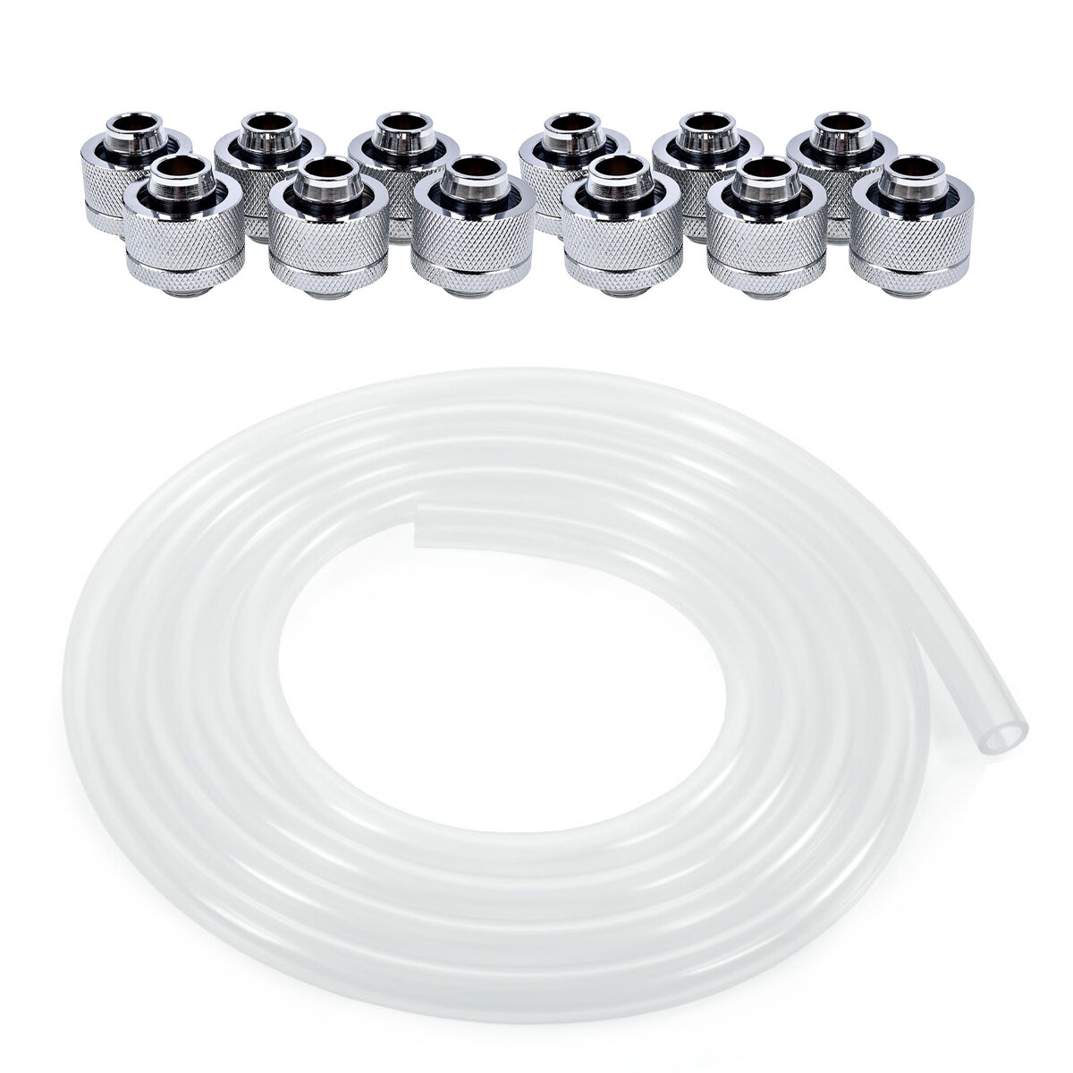 Alphacool Clear Tubing (3m) and G1/4″ 13mm ID, 19mm OD Fittings, Chrome, 12pk