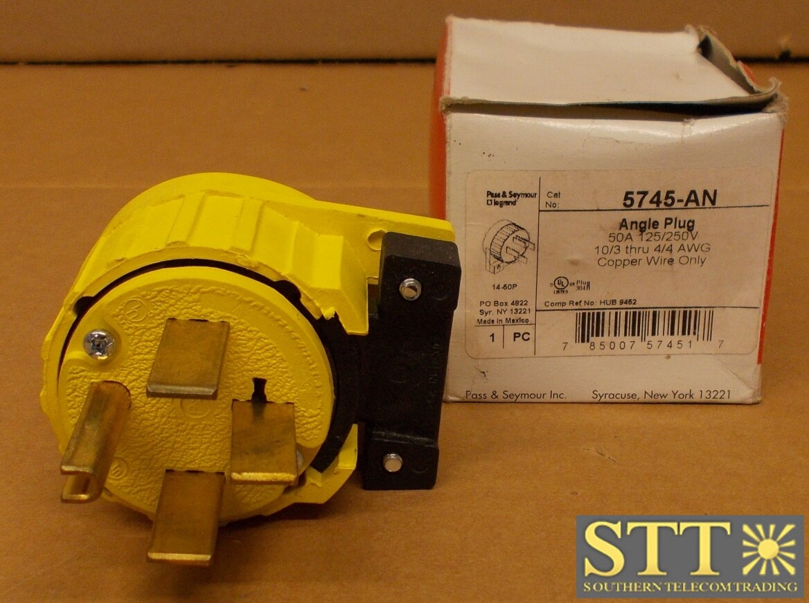 5745-AN PASS & SEYMOUR ANGLE PLUG 50A 125/250V 10/3 THRU 4/4 AWG FOR COPPER WIRE