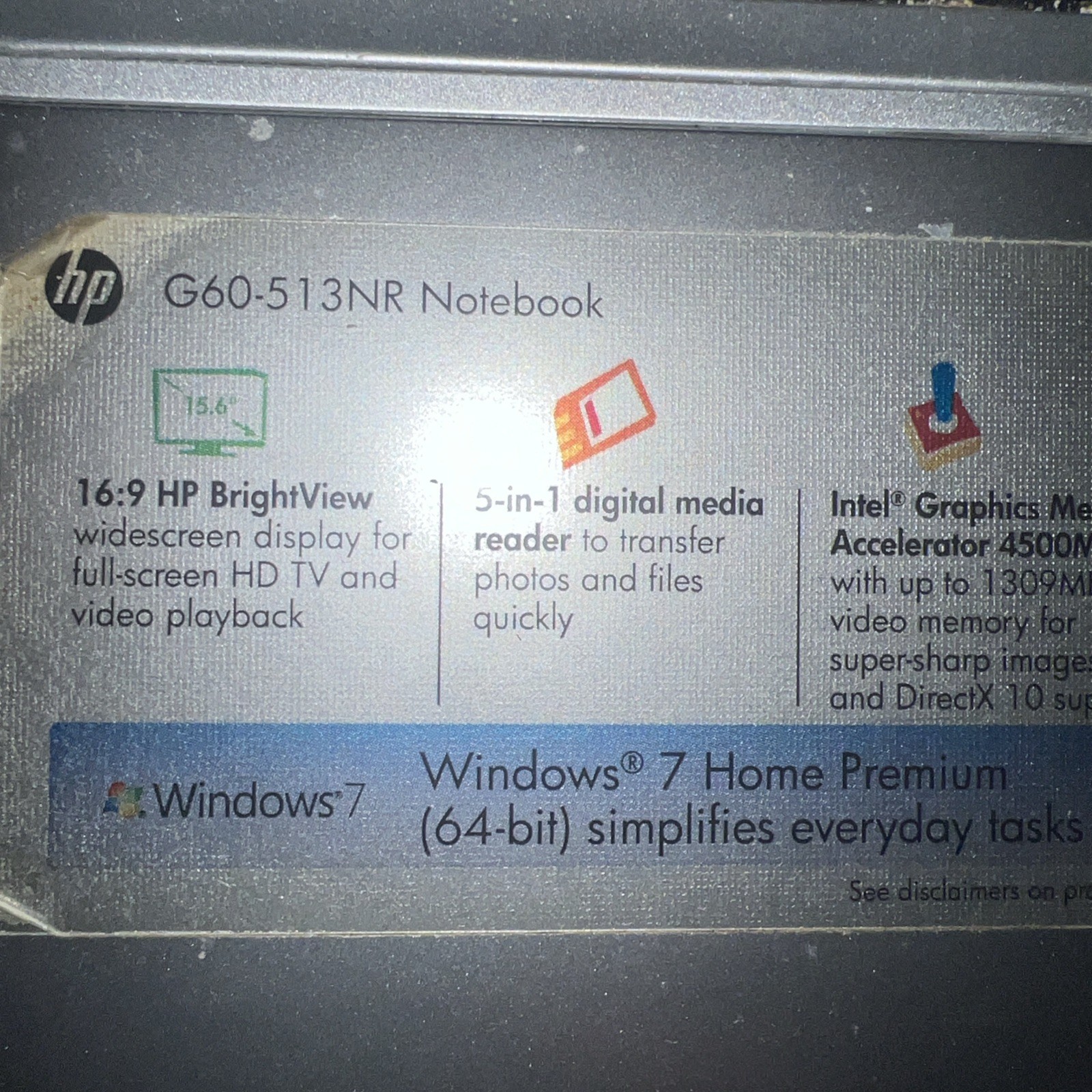 HP Laptop, 16:9 HP Brightview, G60-513NR Notebook, Non- Working/ Charging Cord,