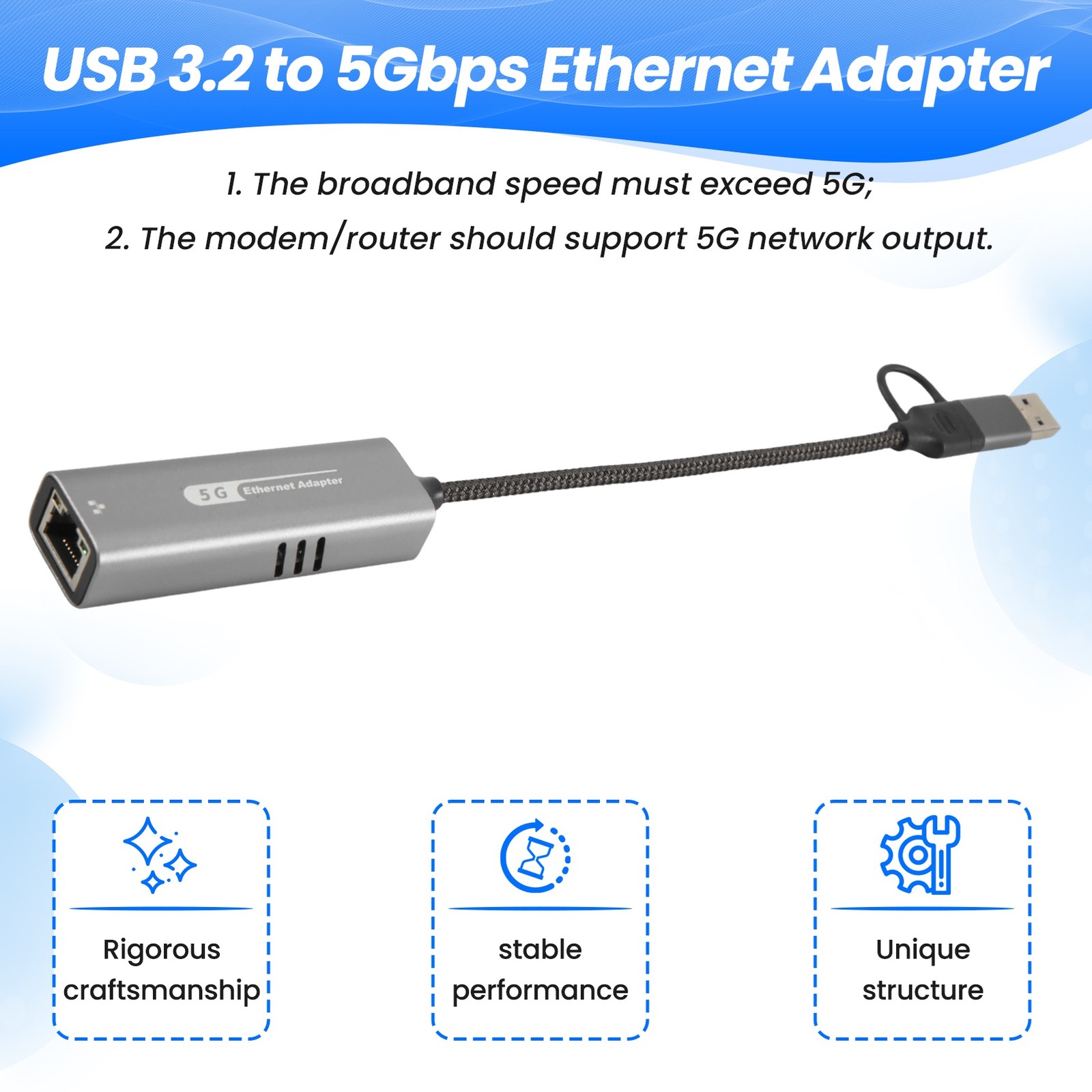 USB 3.2 to 5Gbps Ethernet Adapter RTL8157 5000Mbps RJ45 Converter for1874
