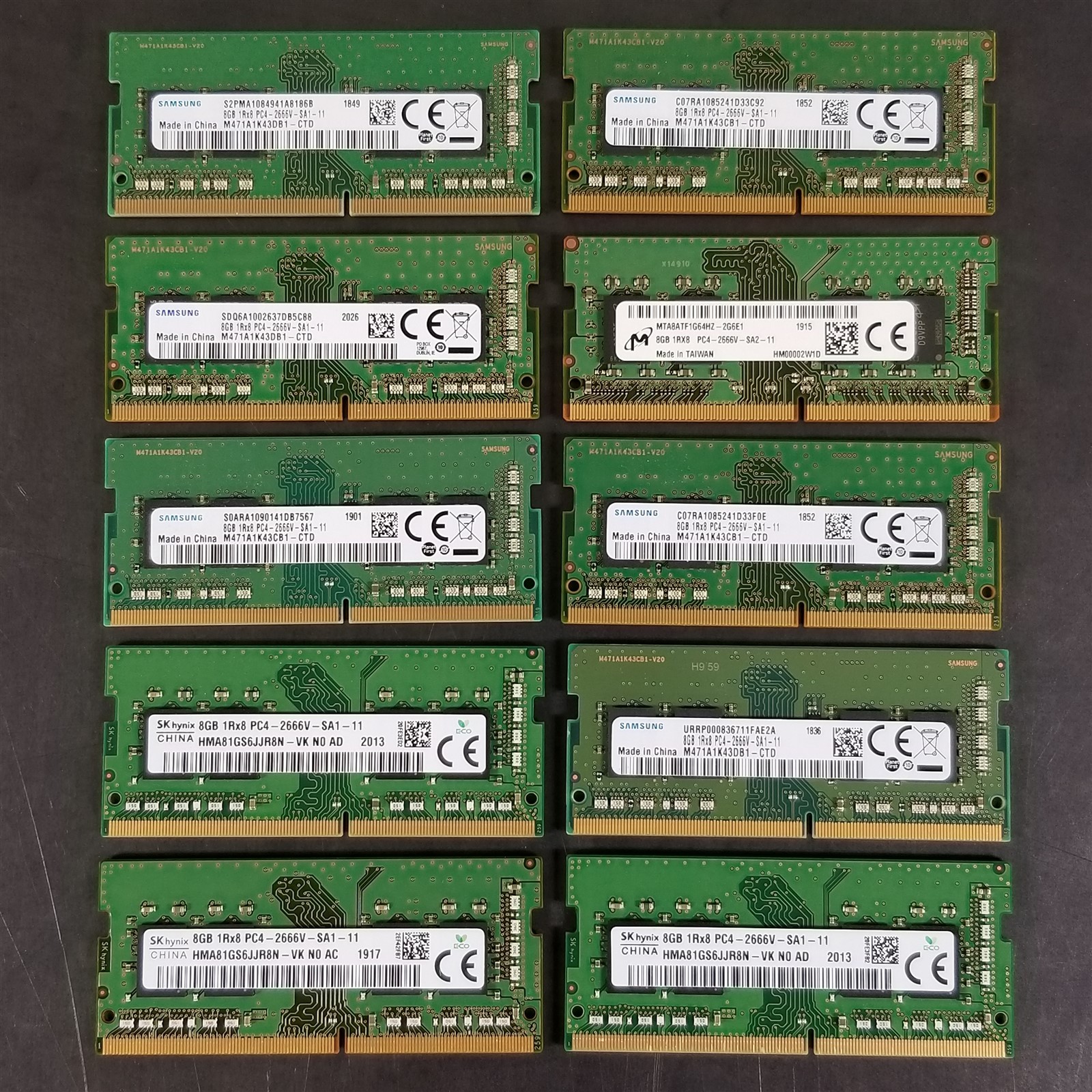 LOT OF 10 Mixed Major Brands 8GB DDR4 PC4-2666 21300 Laptop Ram Memory – TESTED