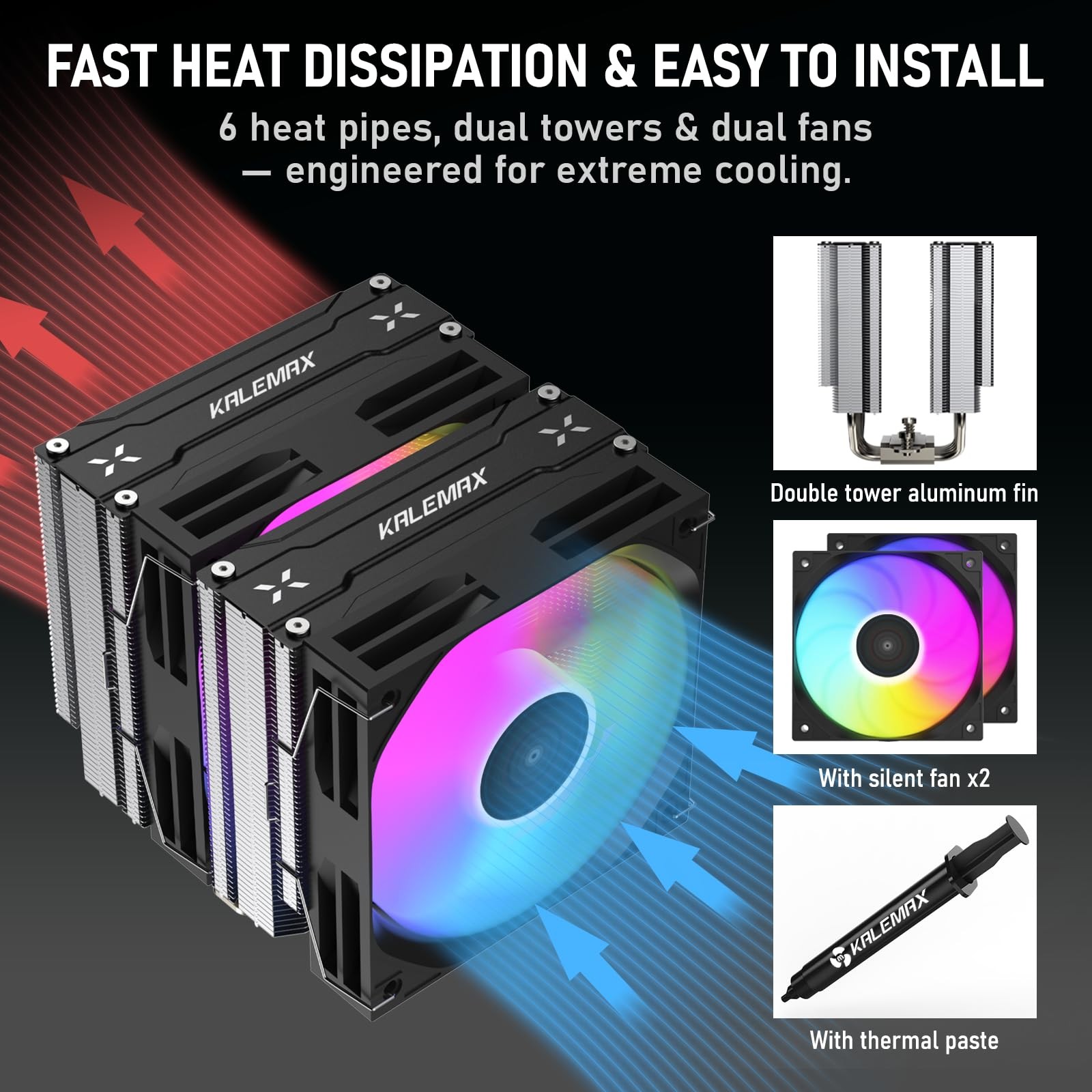 CPU Cooler, Dual-Tower, 6×6mm Heat Pipes CPU Cooling, Dual 120mm ARGB PWM Fan…
