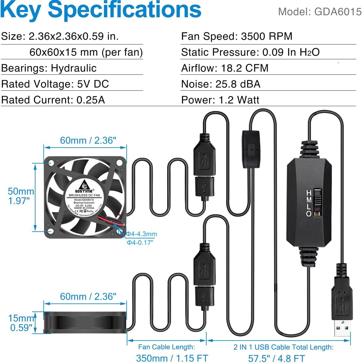 GDSTIME 2-Pack 60Mm X 15Mm USB Fan with 3 Speed Control, 5V Brushless DC Cooling