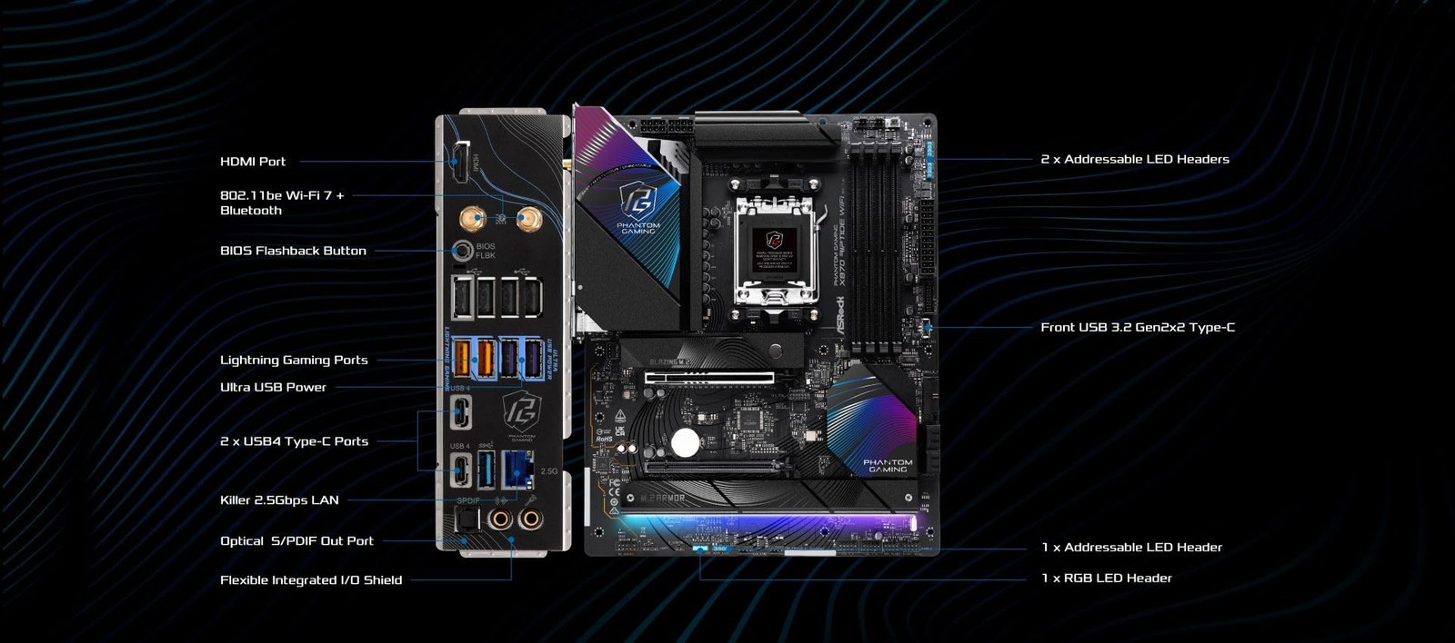 ASRock Phantom Gaming X870 Riptide WiFi 7 AMD Ryzen Socket ATX, Multicolor