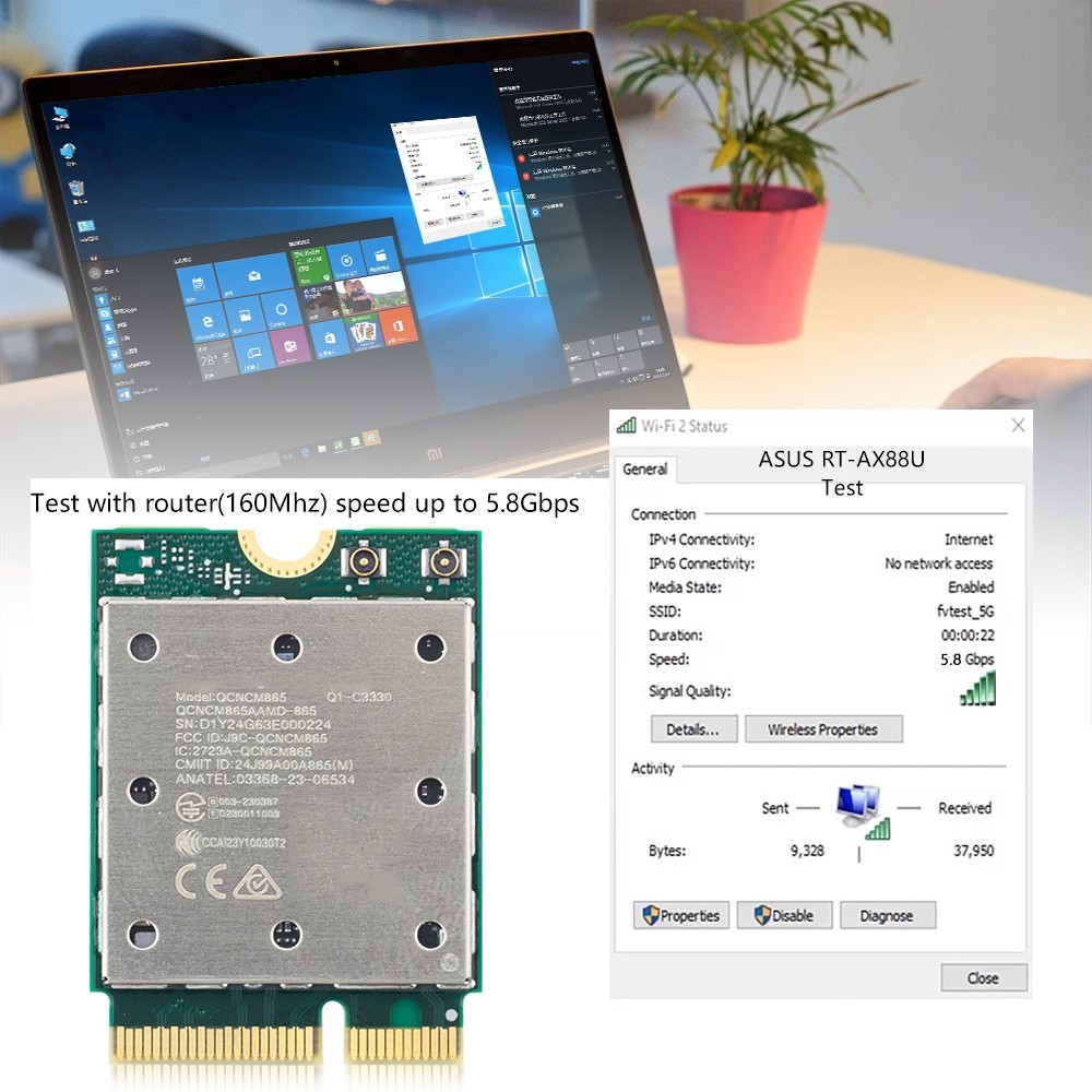 QCNCM865 WiFi 7 M.2 Key E Card 5800Mbps Tri-Band BT5.3 MLO for AMD Intel Win 11