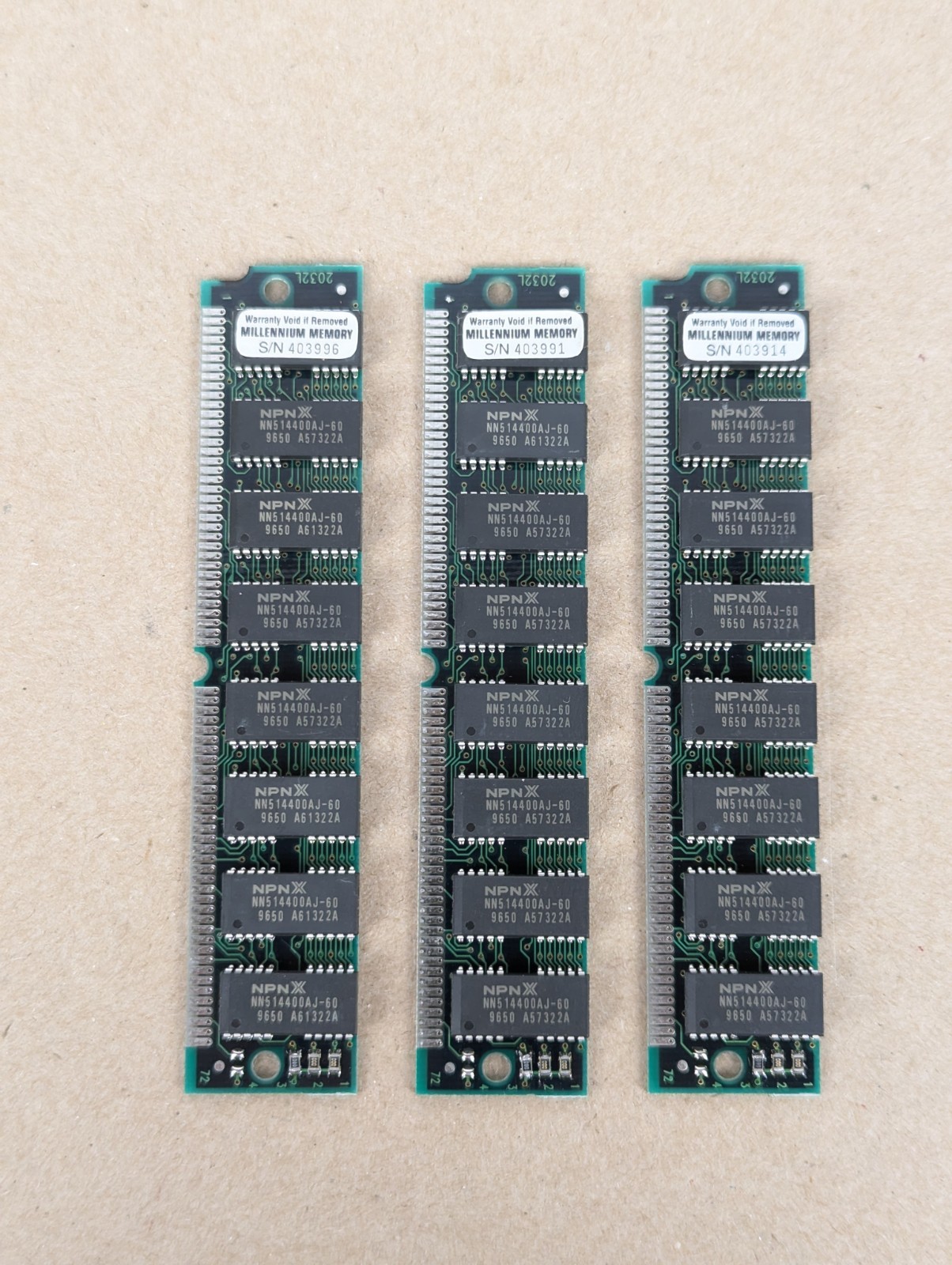 Vintage 3x Millennium Memory 4MB EDO SIMM, 72-pin RAM Sticks (12MB Total) WORKS