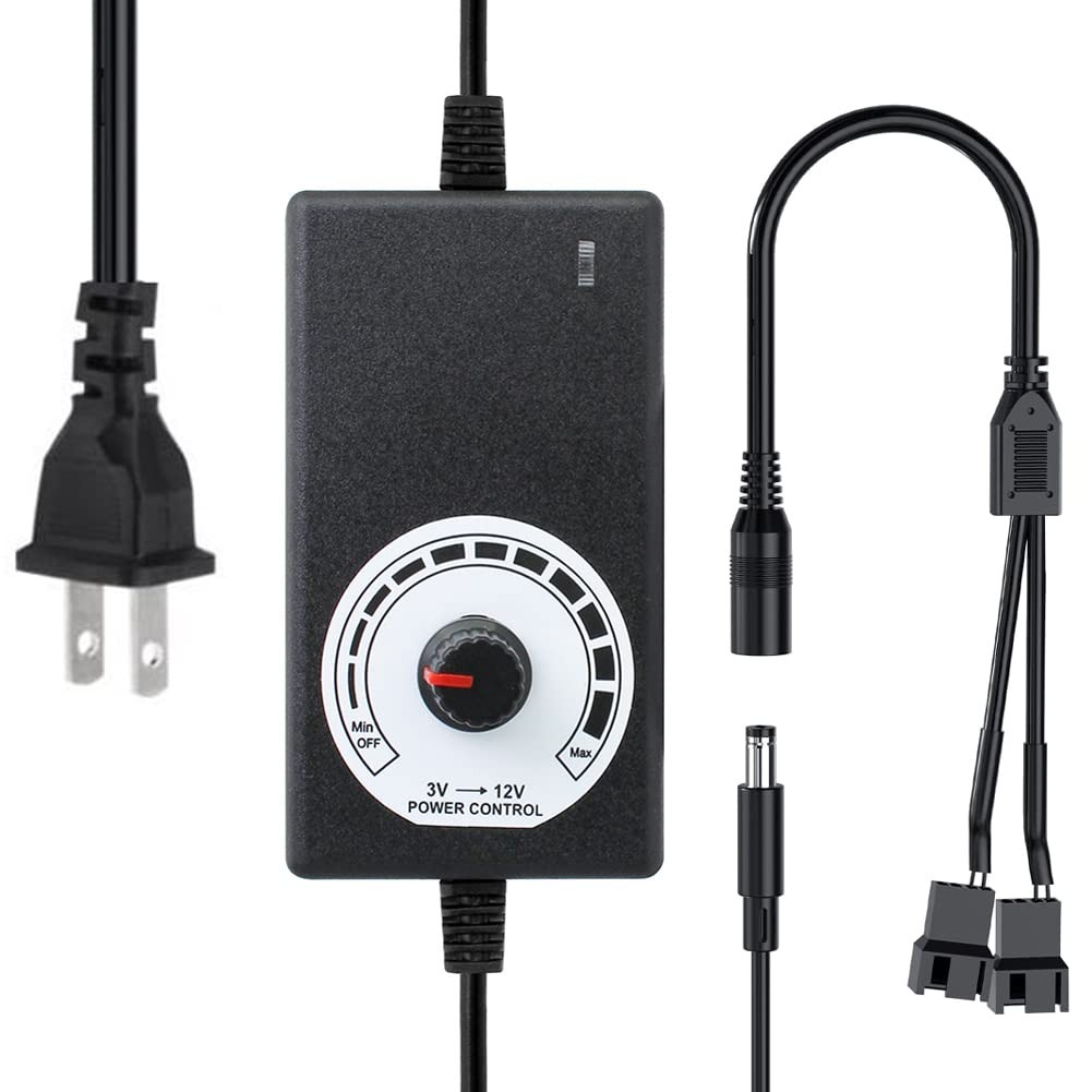 12V Fan Power Supply,PC Speed Controller,100-240vAC to 3-12vDC 24W Adjustable
