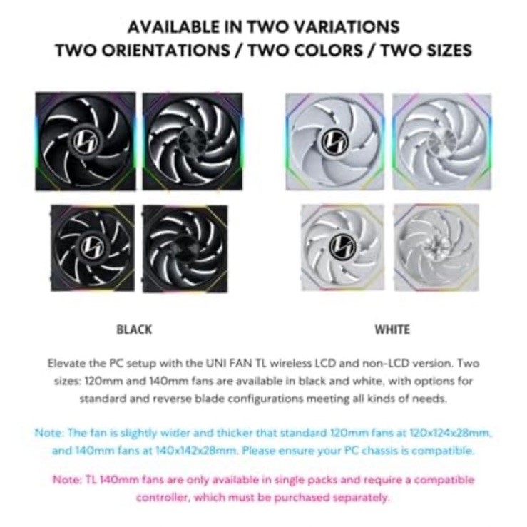 Lian Li UNI Fan TL – Wireless 140 – Single Pack (Reverse Blade) – 2.4 GHz