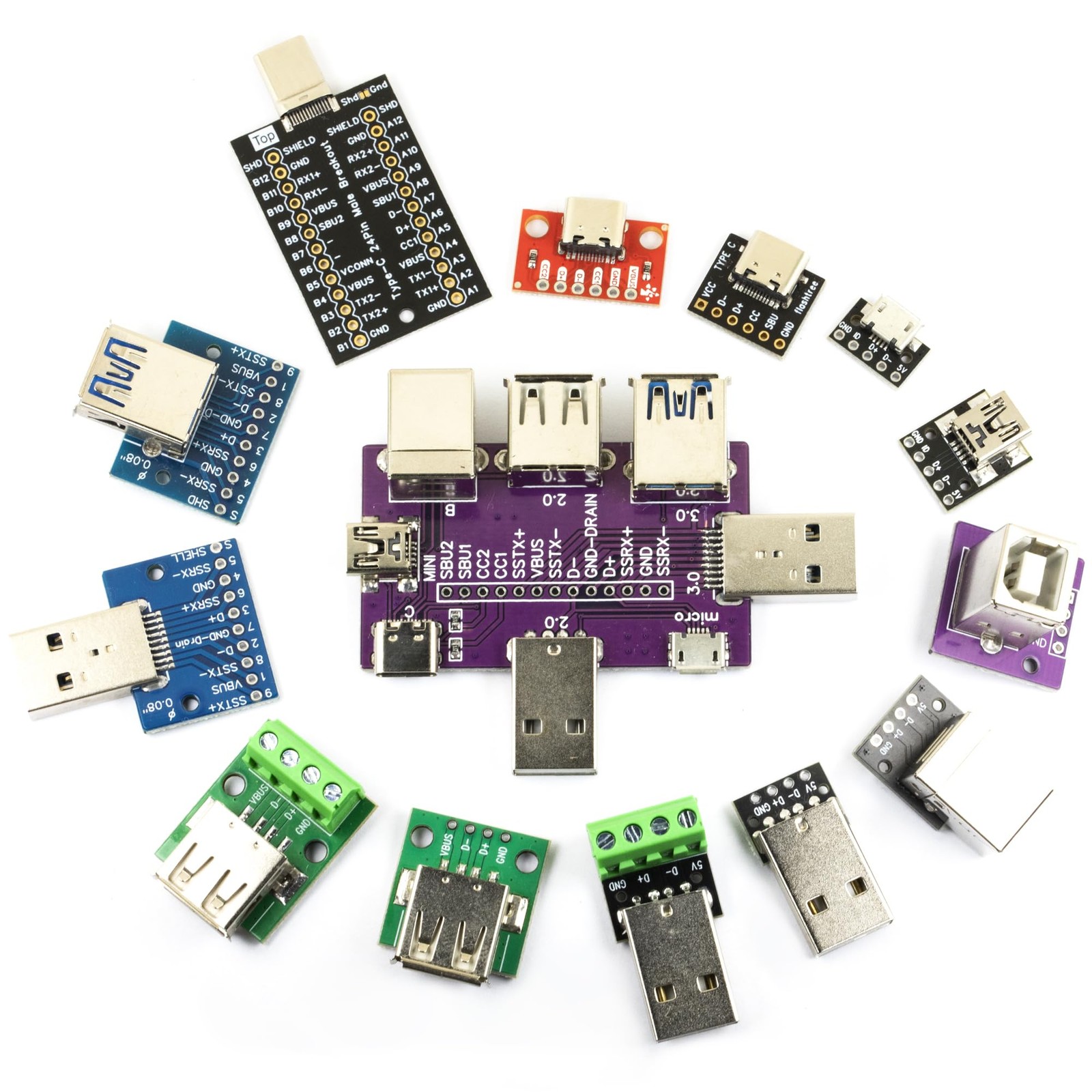 14pcs USB Breakout Board Kit – Type A & C, 2.0 & 3.0, Male & Female Connectors