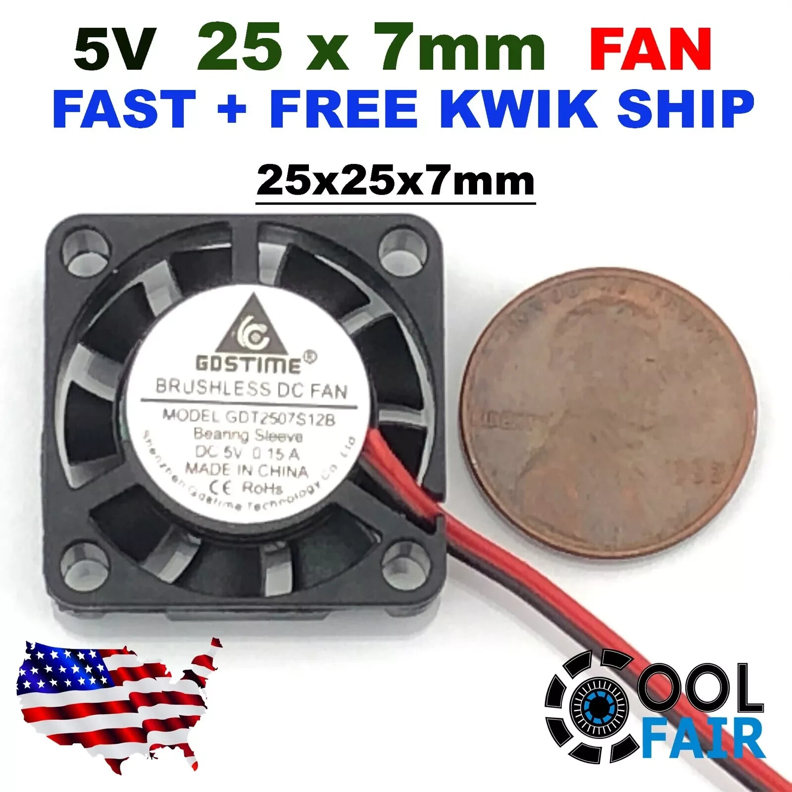 5V 25mm Cooling Fan 2507 25x25x7mm DC Mini Cooler 3D Printer 2-Pin A30 STAMP