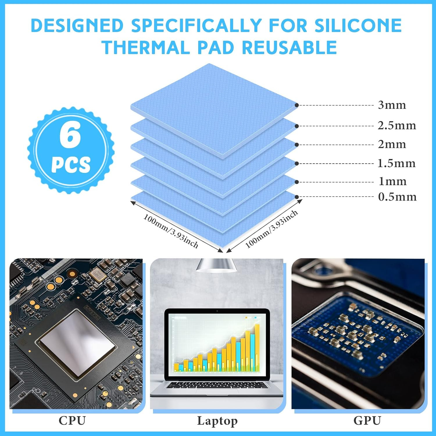 6 Pcs Thermal Pad 100 X 100 Mm, 0.5 Mm, 1 Mm, 1.5 Mm, 2 Mm, 2.5 Mm, 3 Mm Heat Re
