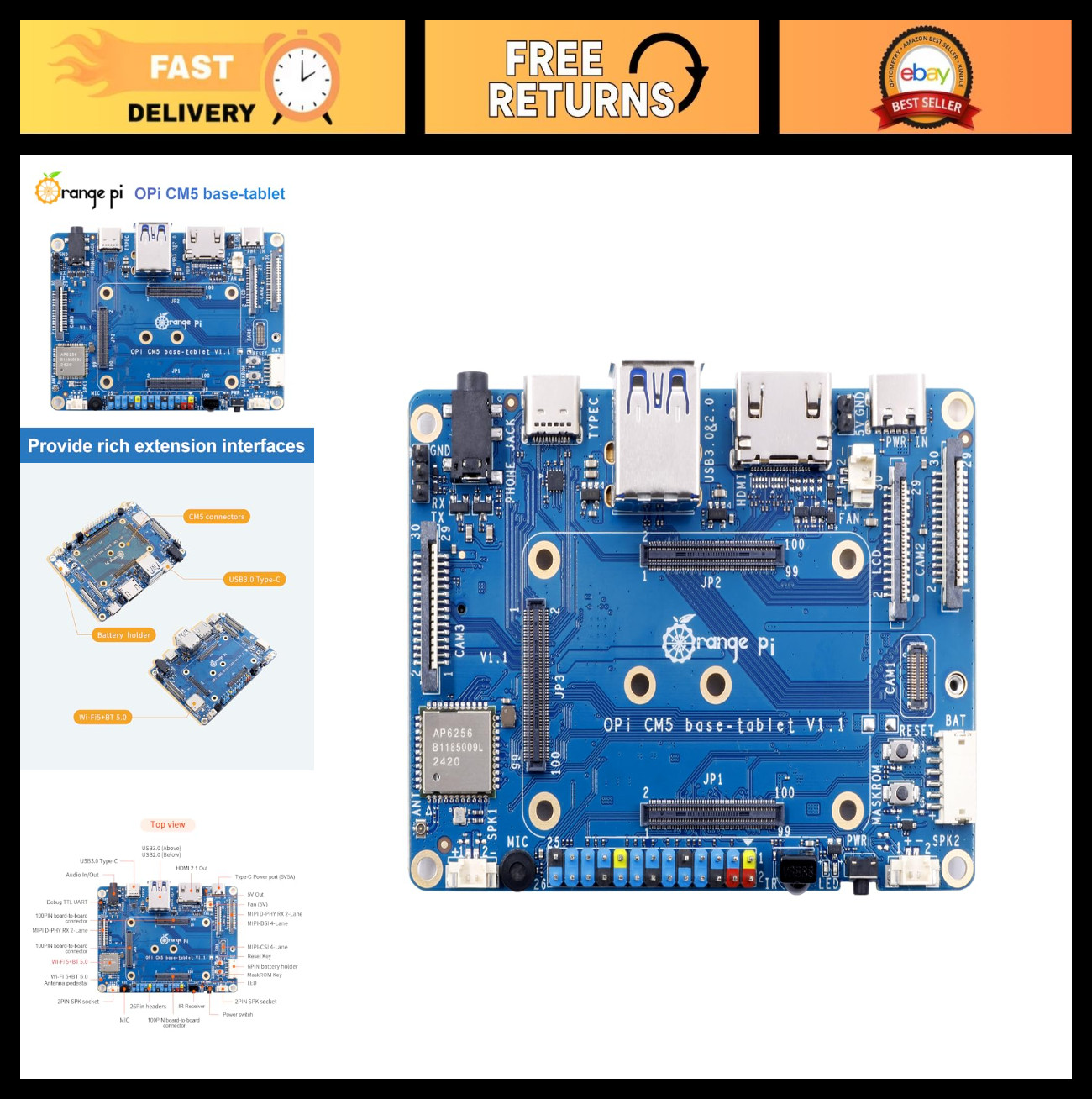 Orange Pi CM5 Tablet Baseboard, M.2 M-Key Slot, WiFi 5.0 & Bluetooth 5.0 Compati