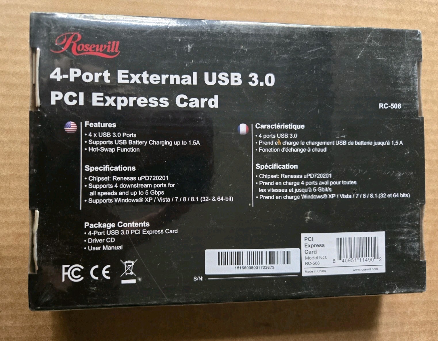 Rosewill model RC-508 4-Port USB 3.0 PCI Express Card New Sealed