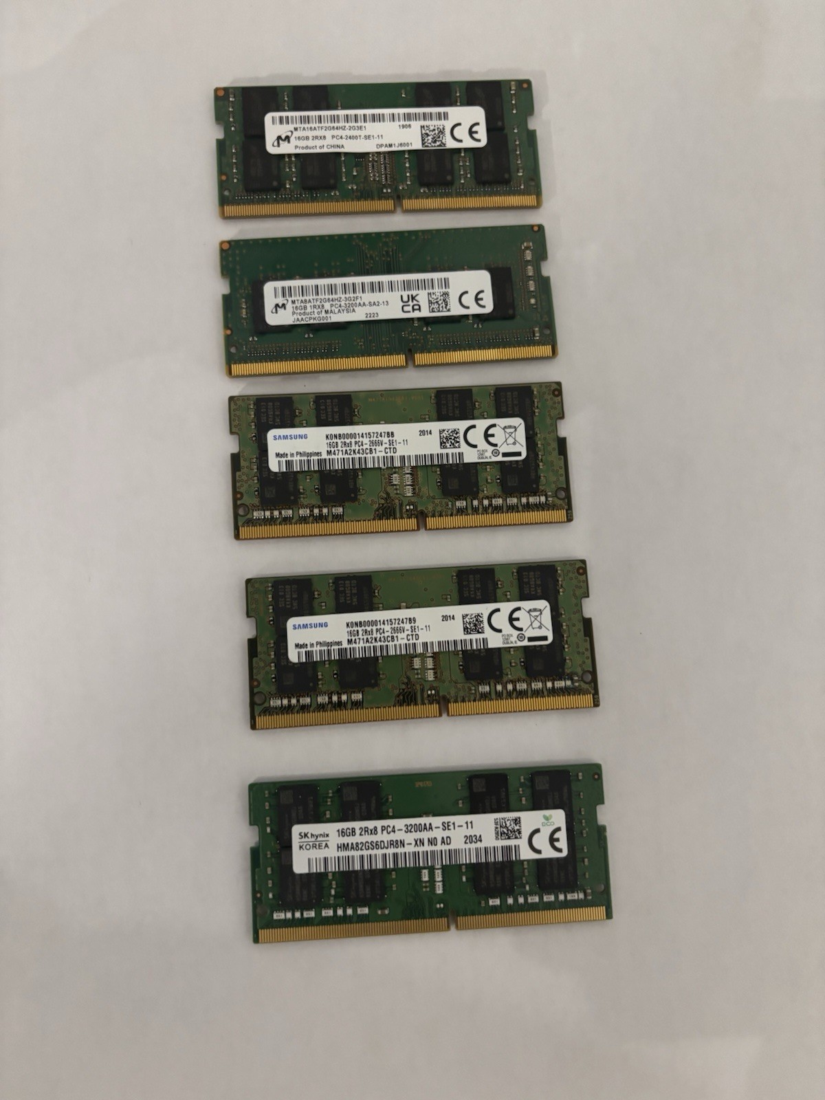 Lot of 5 16GB DDR4 Laptop RAM SO-DIMM Samsung Micron SK hynix 80GB Used Working