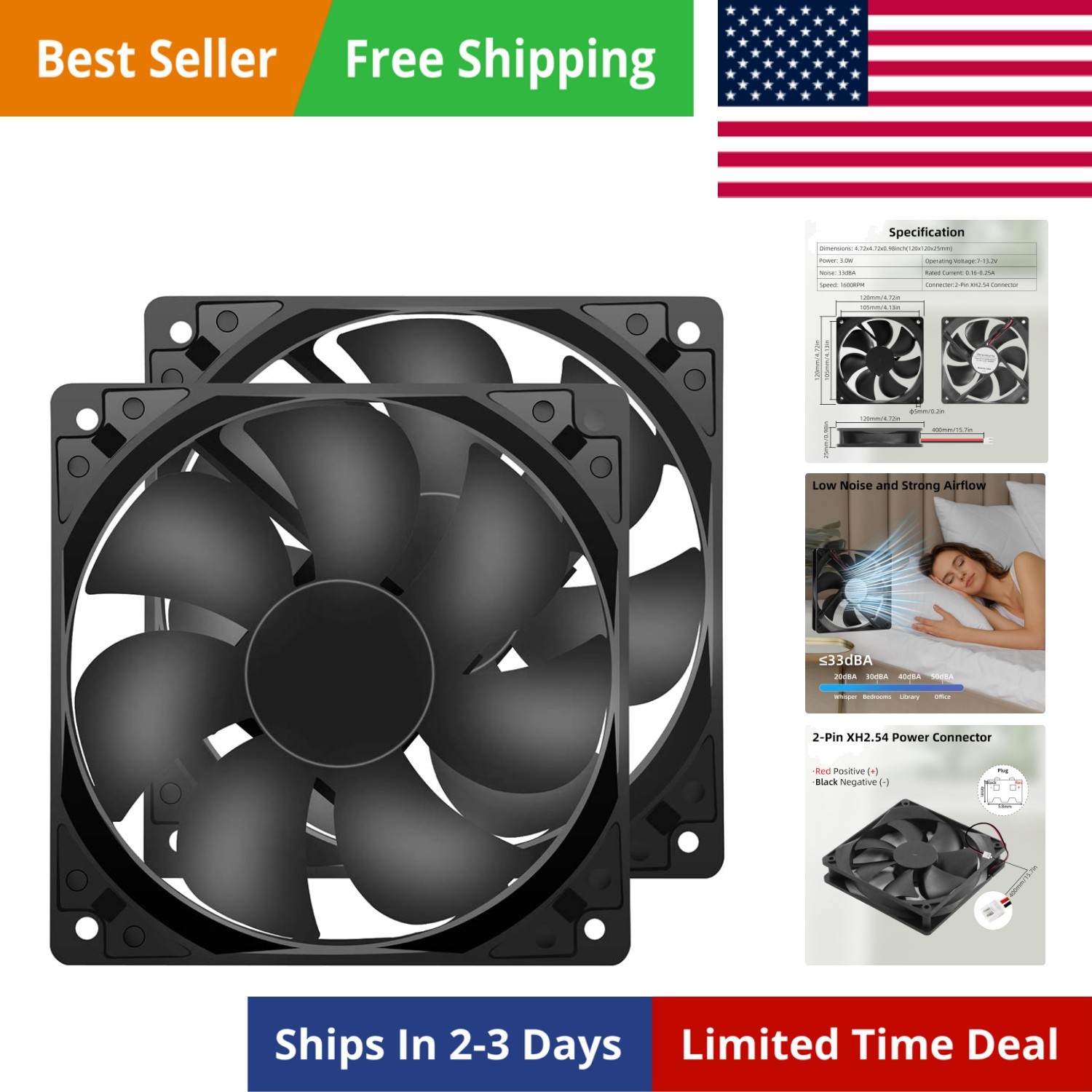 12V DC Fan Strong Quiet 120x120x25mm 12cm Small Cooling Fan 2Pin 2Wire 1600RP…
