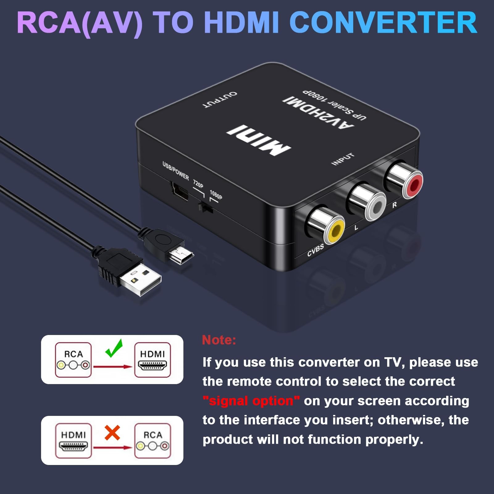 RCA to HDMI Converter AV 1080P Mini Adapter 16:9 4:3 Composite Video Black
