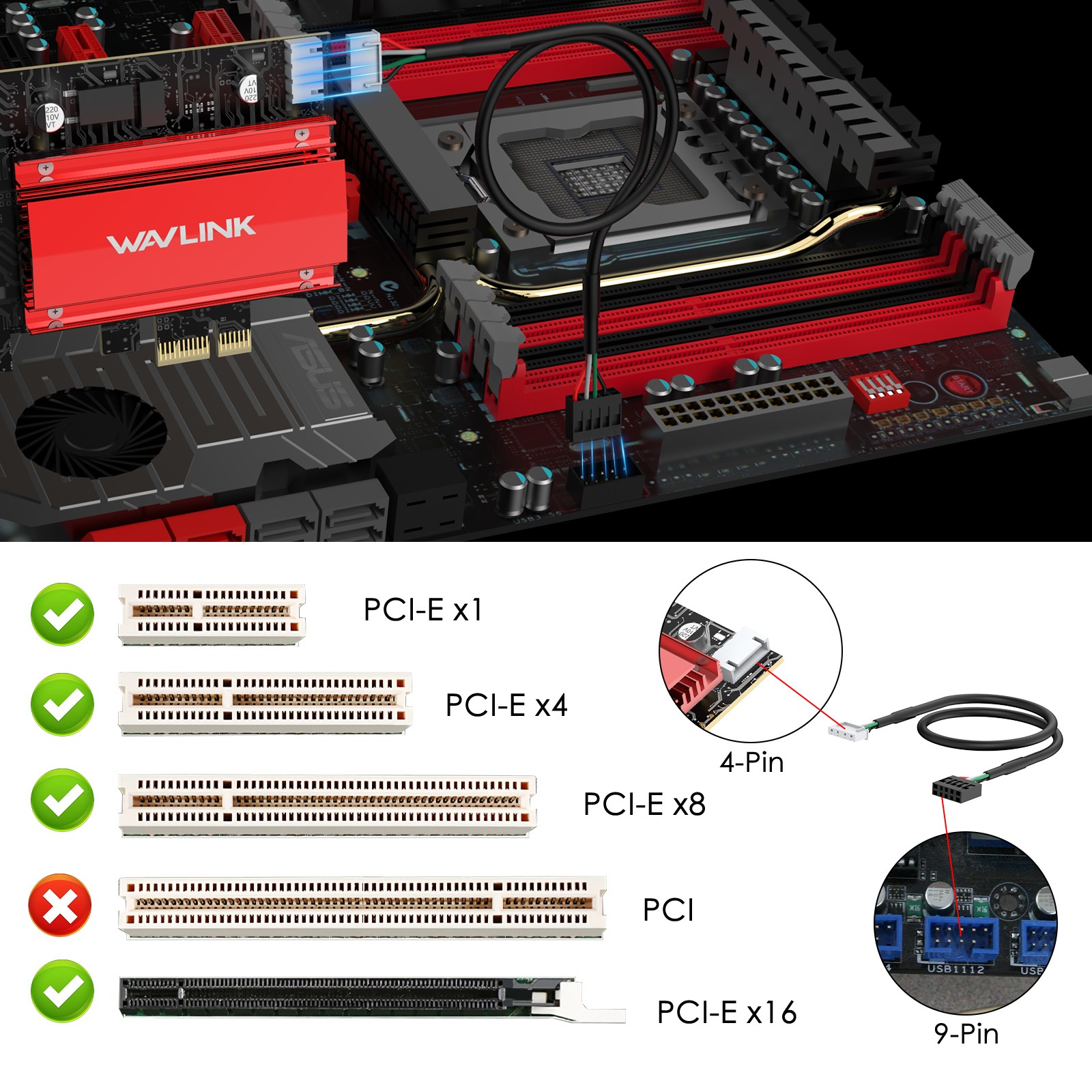 WAVLINK 8800Mbps PCI-E WiFi Card Desktop PCIe Adapter WIFI6 WIFI7 2.4G/5G AX210