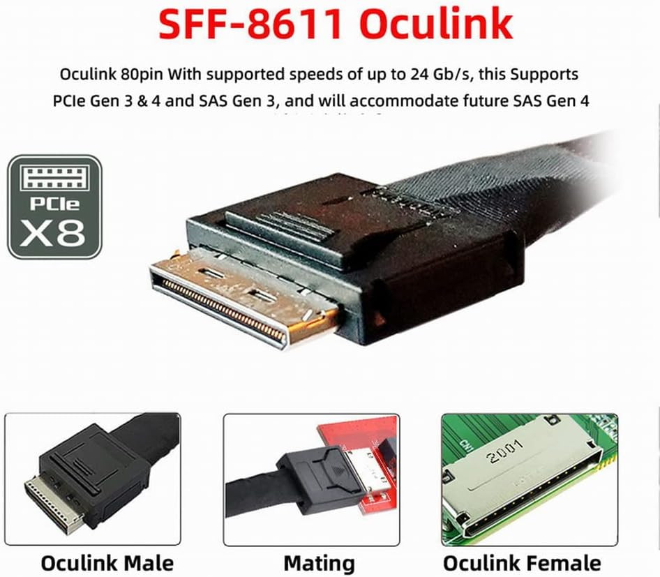50Cm Oculink Pcie Pci-Express SFF-8611 8X 8-Lane to Oculink SFF-8611 8X SSD Data