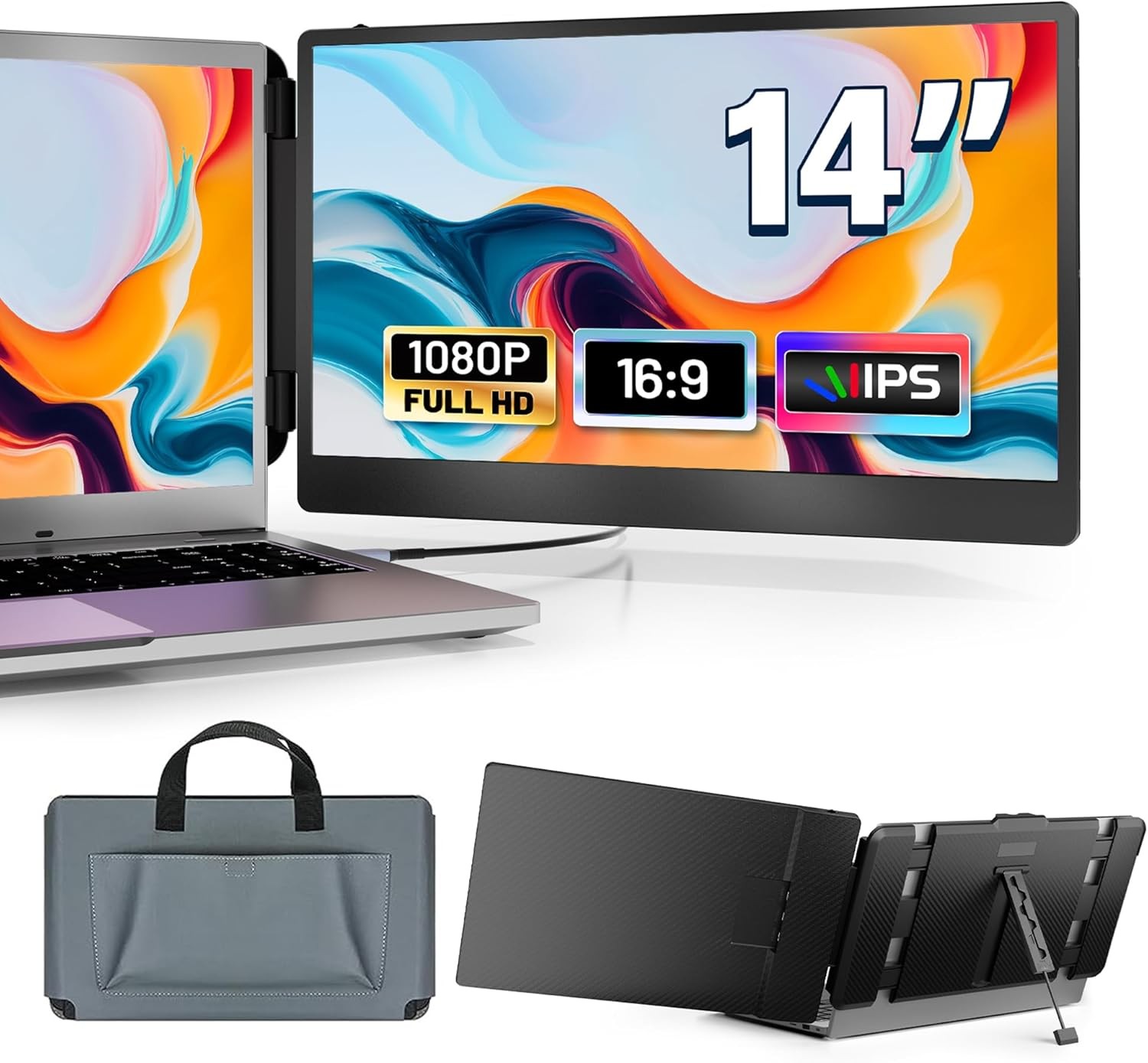 14″ Laptop Monitor Extender, FHD 1080P IPS, HDMI/USB-A/Type-C, for 13.3″-17″ Lap