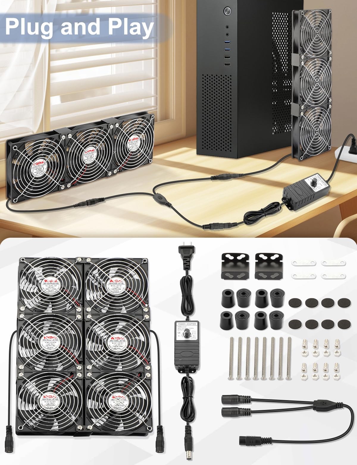 Wathai 120mm x 6 Small Box Computer Fan with AC Plug Dual Ball with Variable …